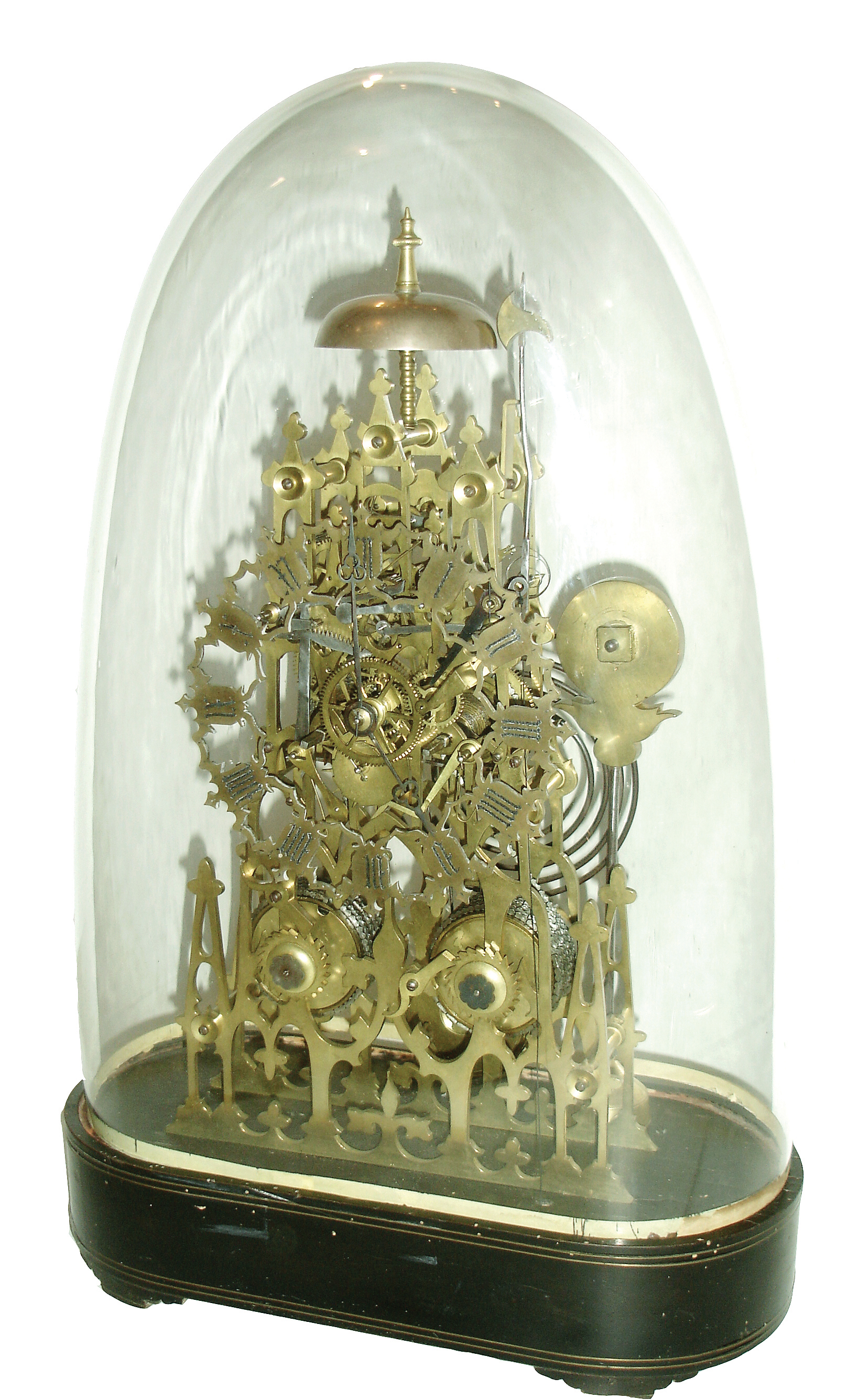 English, 2-Fusee, Architectural skeleton clock, striking the hours on a deep gong, and the halves on the top bell, mounted to a veneered base with original dome. Traditional recoil escapement, c1870 — Antique Clocks Price Guide