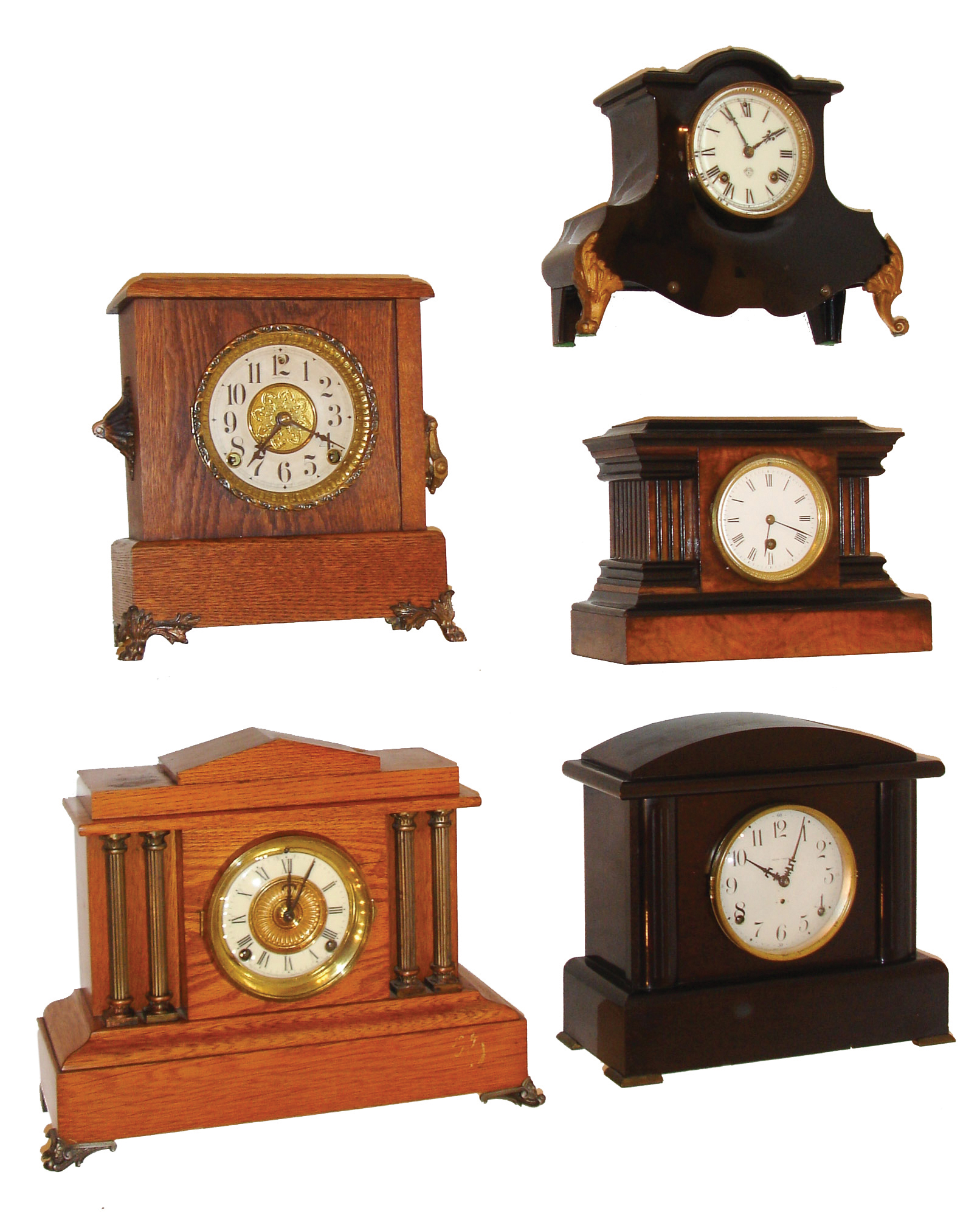 Clocks- 6 (Six): (1) French shelf clock with 8 days, timepiece movement in a walnut case, c1880. (2) Sessions Clock Co., Forestville, Conn.Cabinet style shelf clock with spring driven, 8 days, time and half hour strike movement in an oak case, c1910. (3) Ansonia Clock Co., New York, NY, ÓFowlerÒ shelf clock with spring driven, 8 days, time and strike, movement in an oak case, c1914. (4) The E. Ingraham Co., Bristol, Conn., ÓCrystalÒ shelf clock with an, 8 days, time and half hour strike movement in an black enameled wood case, c1893. (5) Seth Thomas Clock Co., Thomaston, Conn., ÓBelmont No. 2Ò shelf clock with spring driven, 8 days, time and strike, movement in a dark adamantine finish, c1913. (6) Ansonia Clock Co. New York, NY, ÓMontagueÒ shelf clock with a spring driven, 8 days, time and half hour strike movement in an enameled iron case, c1914. — Antique Clocks Price Guide