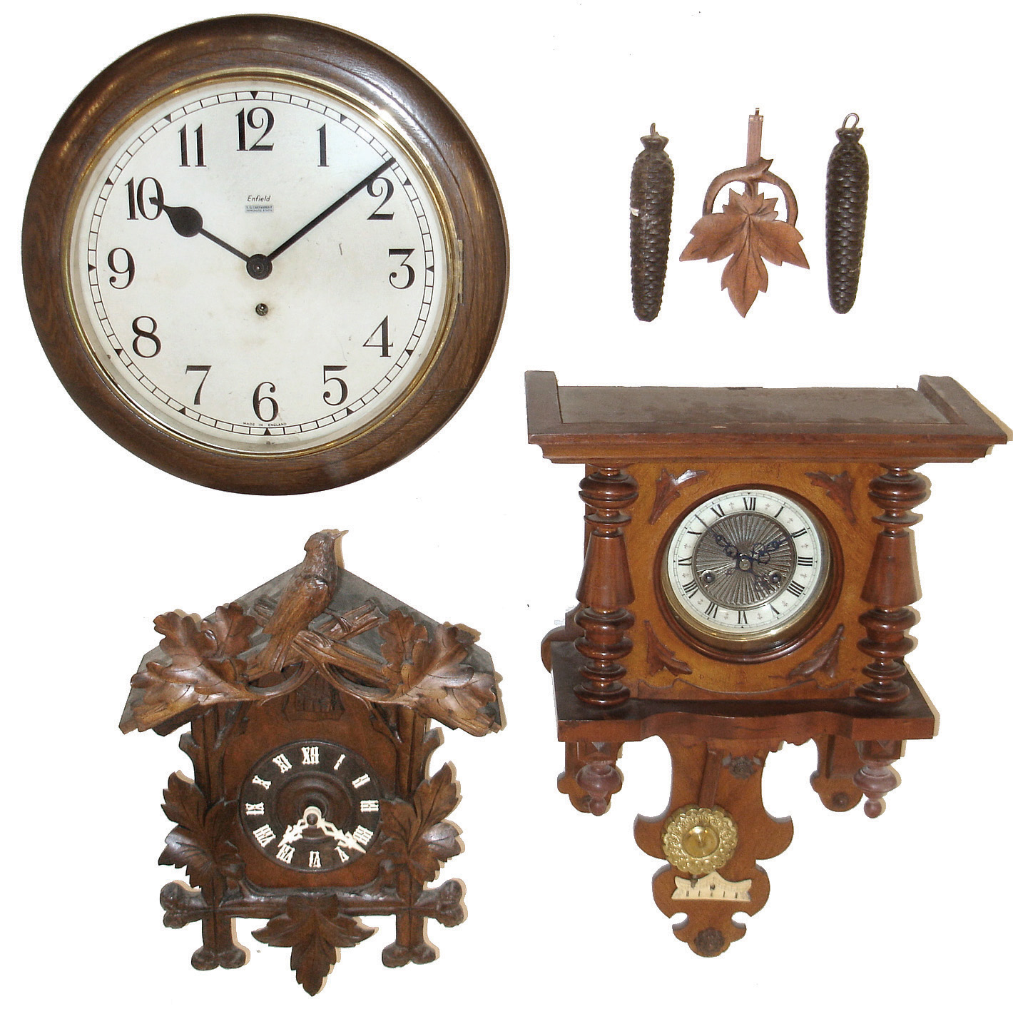 Clocks- 5 (Five) antique clocks: French Morbier, 8 days, time and strike, ebonized wall clock with mother-of-pearl inlay and alabaster dial, c1890; Junghans walnut, 8 days, time and strike, spring-wound wall clock, c1900; German open-well walnut, 8 days, time and strike, wall clock, c1880; Enfield English walnut, 8 days, time only, gallery clock, Stafordshire retailer, c1910; German, 30 hours, carved walnut two-weight hanging cuckoo clock, c1920 — Antique Clocks Price Guide