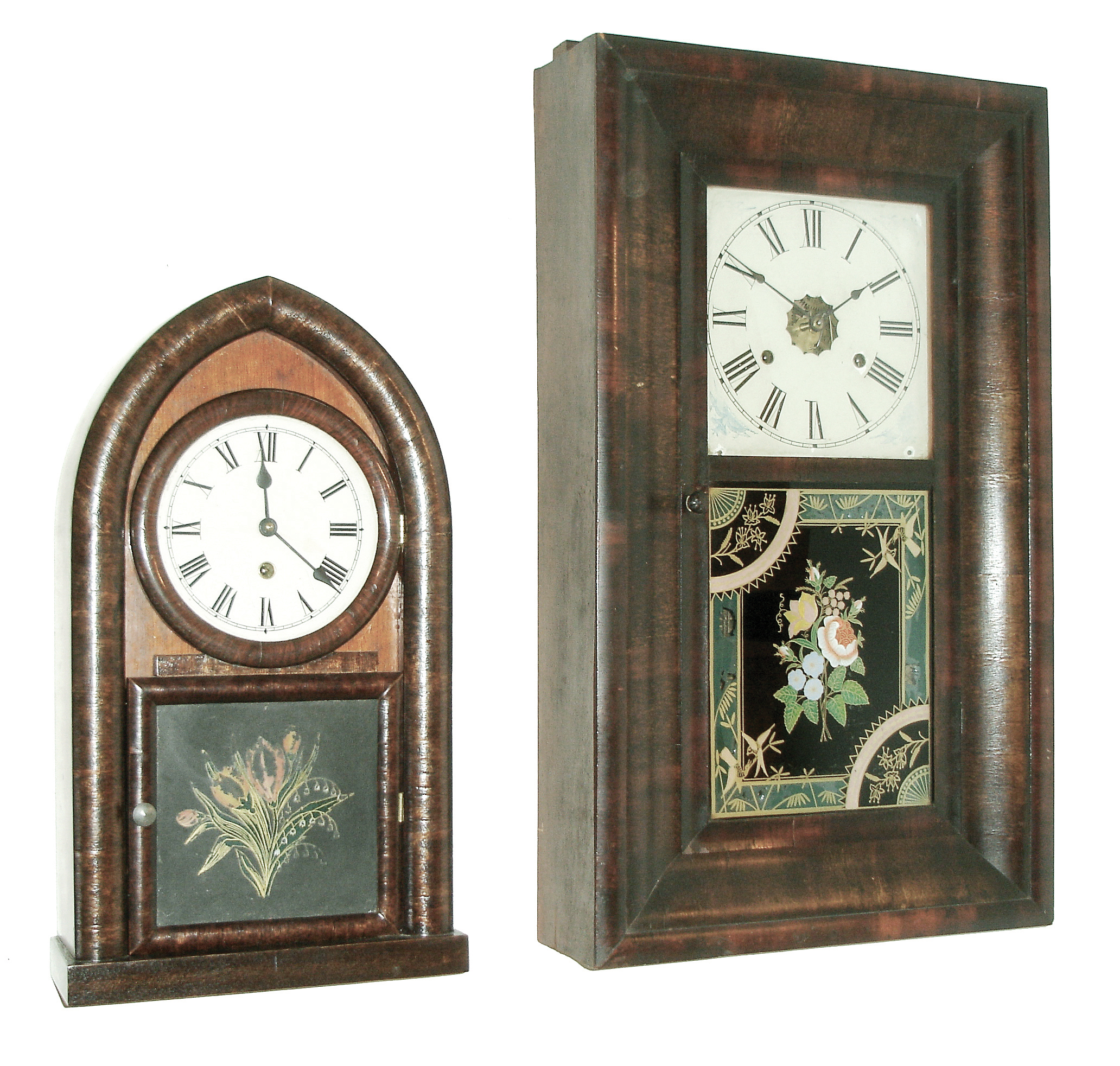 Clocks- 2 (Two): Connecticut shelf clocks. (1) Jerome & Co., New Haven, Conn., 30 hours, time and strike, weight driven, OOG in Mahogany case, c1880; (2) Waterbury ÓbeehiveÒ case with a new, 8 days, spring driven, time only, movement, — Antique Clocks Price Guide