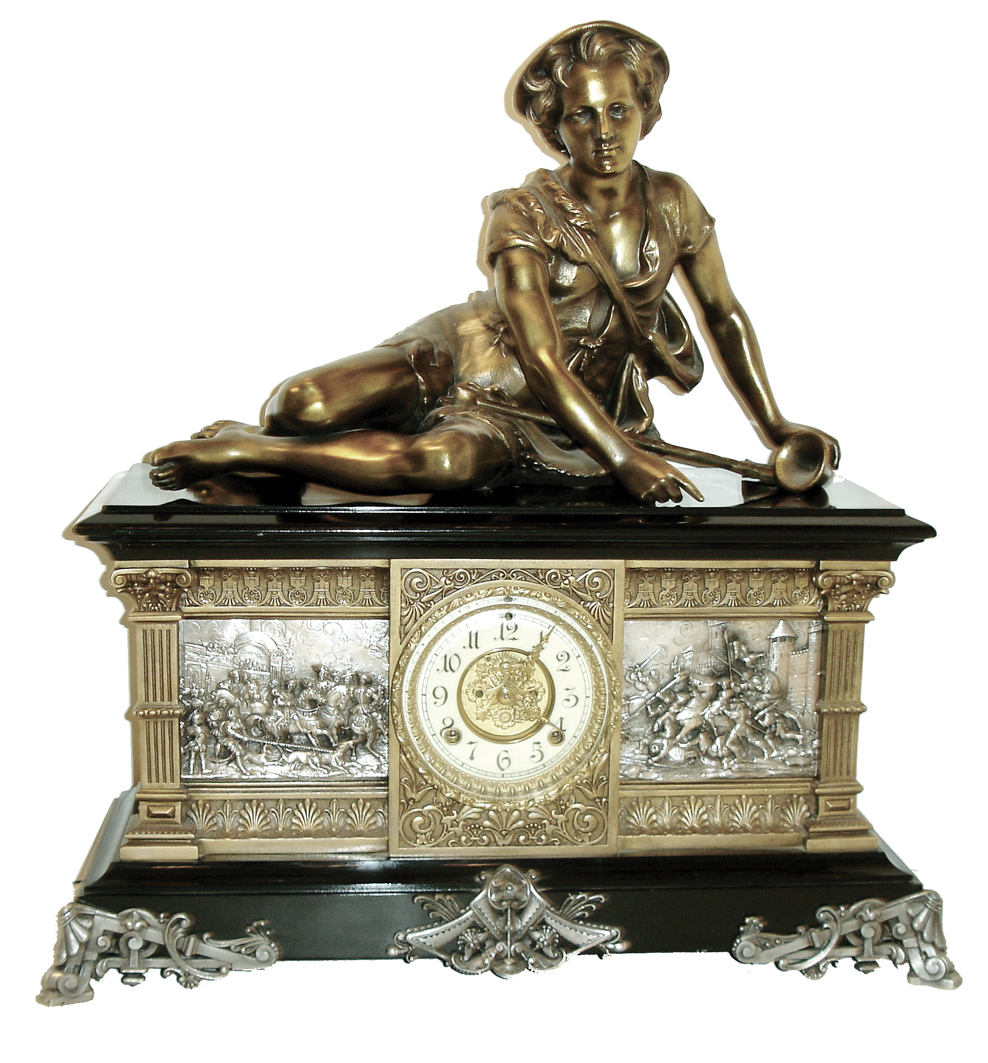 Ansonia Clock Co., New York, NY, ÒColumbiaÓ figural shelf clock, 8 days, time and strike, spring driven movement with decorated rear plate. Enameled cast iron case with applied cast friezes depicting Medieval military scenes resting on large cast brass front feet surmounted by a spelter statue of shepard boy reclining and a cream enamel dial with open escapement and cast brass center and bezel, c1890 — Antique Clocks Price Guide