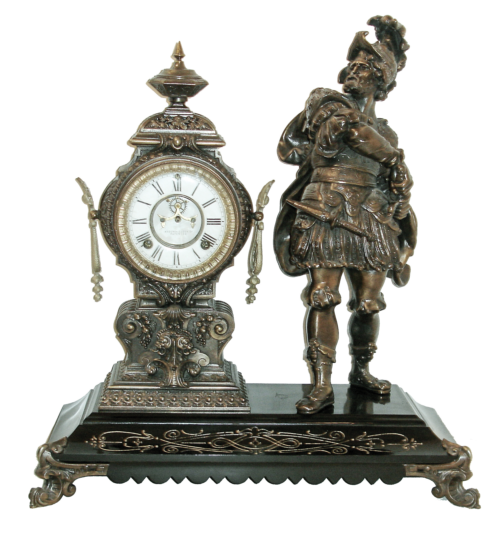 Ansonia Clock Co., New York, NY, ÓProvocationÒ figural shelf clock, 8 days, time and strike, spring driven movement in a Japanese Bronzed spelter case on an enameled cast iron base with a white enamel dial with open escapement, c1890 — Antique Clocks Price Guide