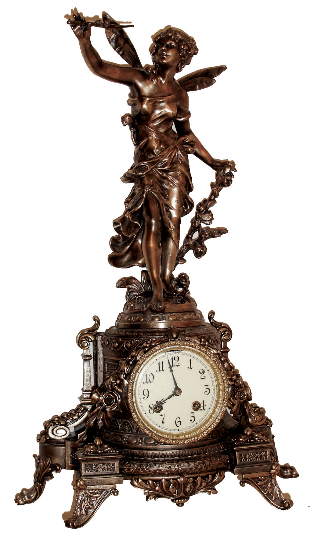 Ansonia Clock Co., New York, NY, ÓOlympia (base) and Chloris (statue)Ò mantel clock with an, 8 days, time and strike, balance wheel movement in a cast metal case, c1904. — Antique Clocks Price Guide