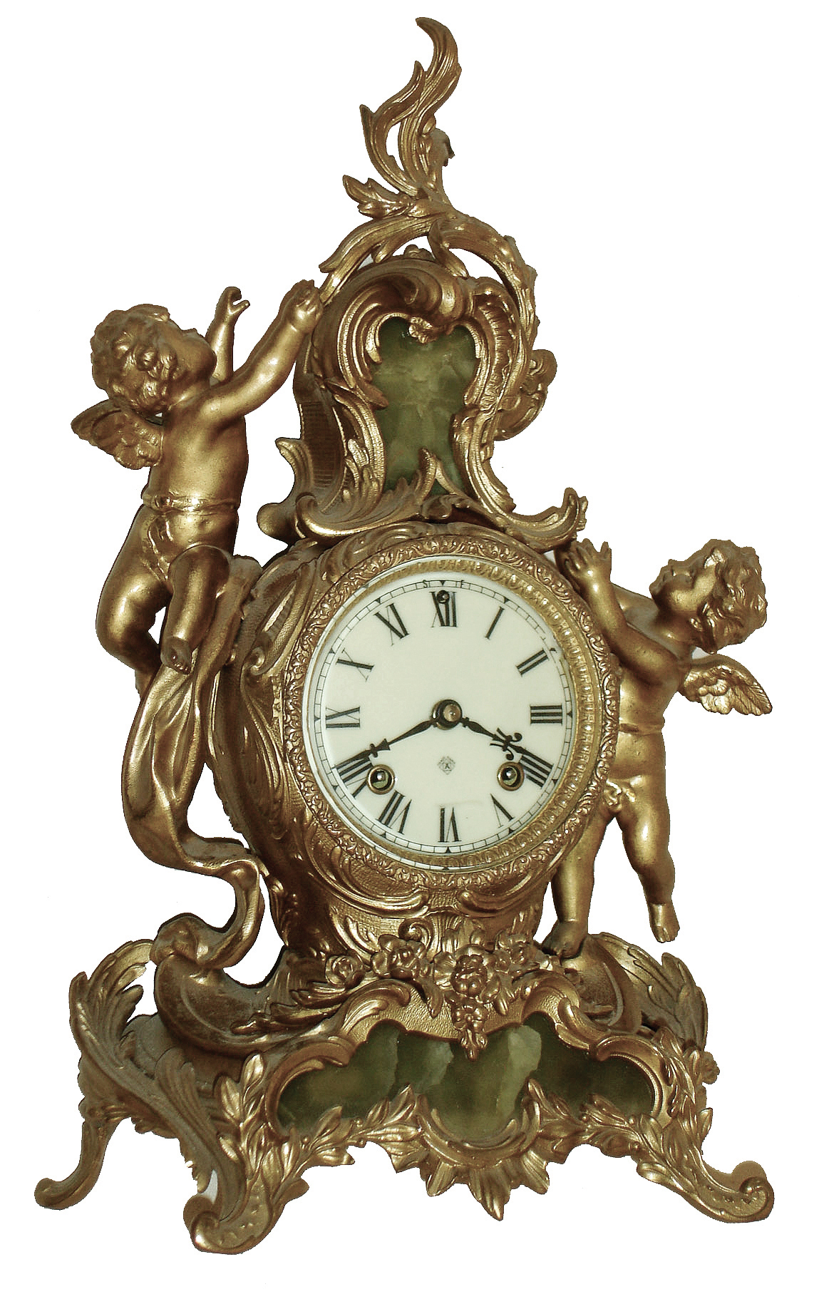 Ansonia Clock Co., New York, NY, ÒCriterionÓ golden spelter, with green marble inserts, mantel clock, c1904 — Antique Clocks Price Guide