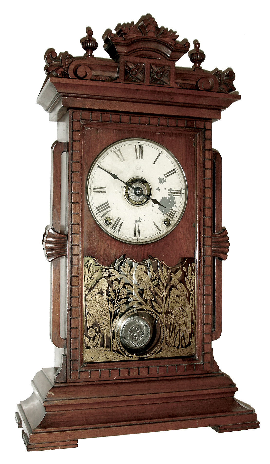 Seth Thomas Clock Co., Thomaston, Conn., ÓUticaÒ model city series mantel clock with spring driven, 8 days, time, strike and alarm movement in a walnut case, c1887. — Antique Clocks Price Guide