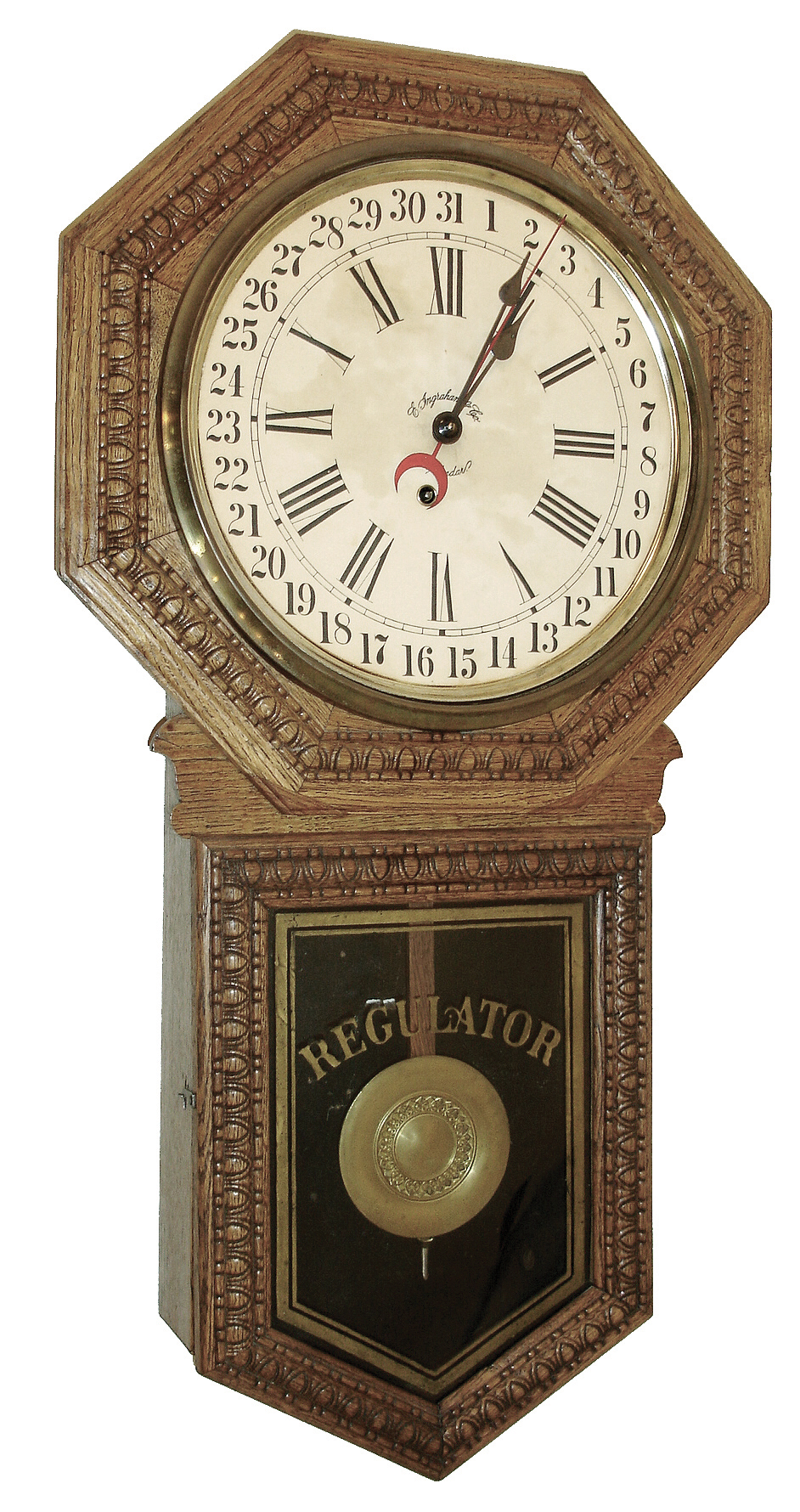 E. Ingraham & Co., Bristol, Conn., ÓHartfordÒ model wall clock in an oak case with a spring driven, 8 days, time and calendar movement, c1907. — Antique Clocks Price Guide