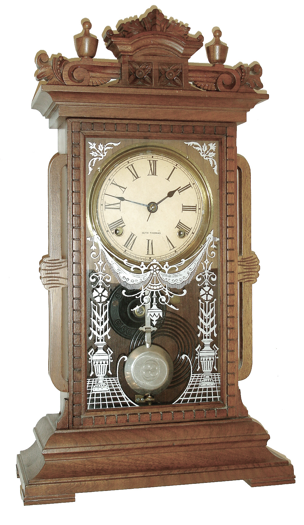 Seth Thomas Clock Co., Thomaston, Conn., ÓUticaÒ city series shelf clock in a walnut case with a spring driven, 8 days, time and strike, movement, c1885. — Antique Clocks Price Guide