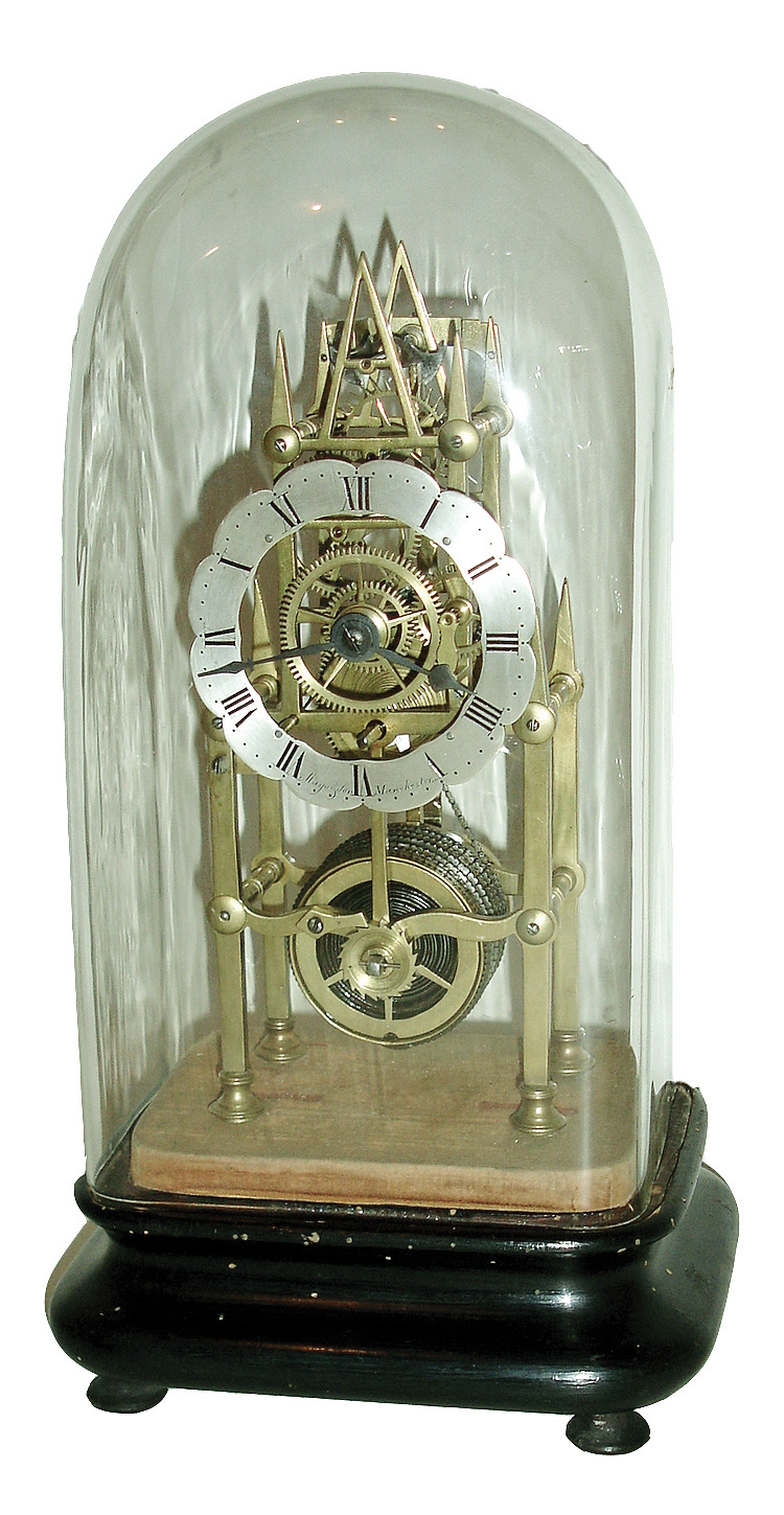 English, Mayo & Son, Manchester, small Gothic frame ÓSkeletonÒ single fusee timepiece, w/ scalloped engraved and silvered dial, with dome, c1850 — Antique Clocks Price Guide