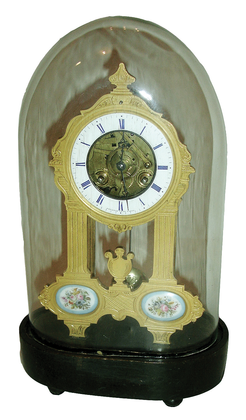 France, Potonie Leon, aÕ Paris, an open frame or skeletal presentation of the movement under dome, the dial presented on a third plate of gilt, engraved bronze, and with two hand painted and fired floral panels. The movement signed Potonie, Paris, and also with the words MOUY SURFIN, or extra fine quality [stamped into the brass above Pononie logo], c1860 — Antique Clocks Price Guide