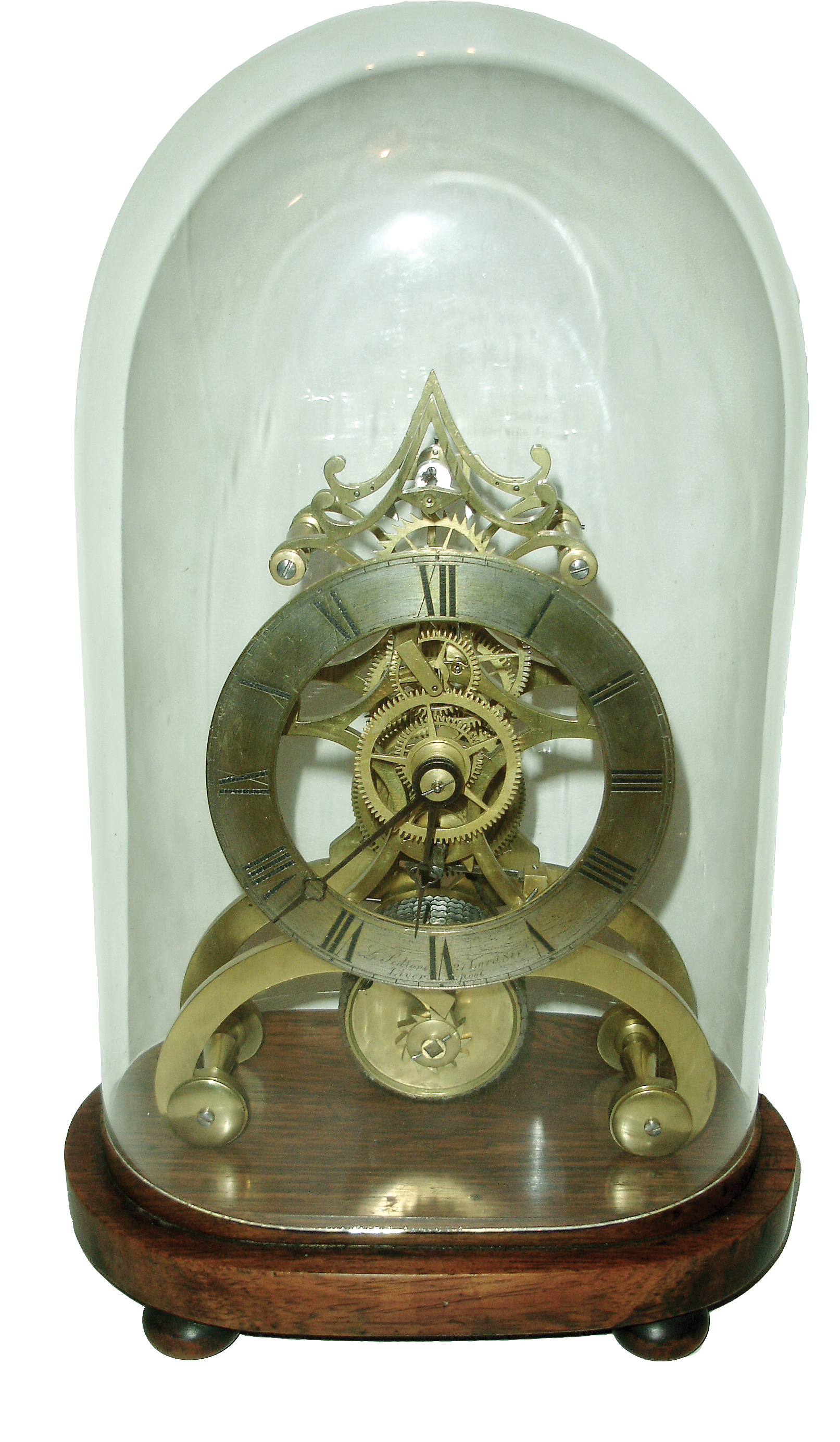 English, L. Pedrone, 27 Lord Str., Liverpool [signed on dial], small scroll frame single fusee ÒskeletonÓ clock, with a nicely engraved chapter ring of Roman Numerals, and with graduated size baluster pillars, and the train with well made 5-spoke wheels, c1840 — Antique Clocks Price Guide