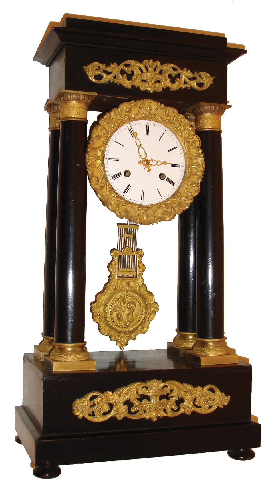 French, 8 days, time and strike, spring brass movement 4-column Empire portico mantel clock, c1900 — Antique Clocks Price Guide