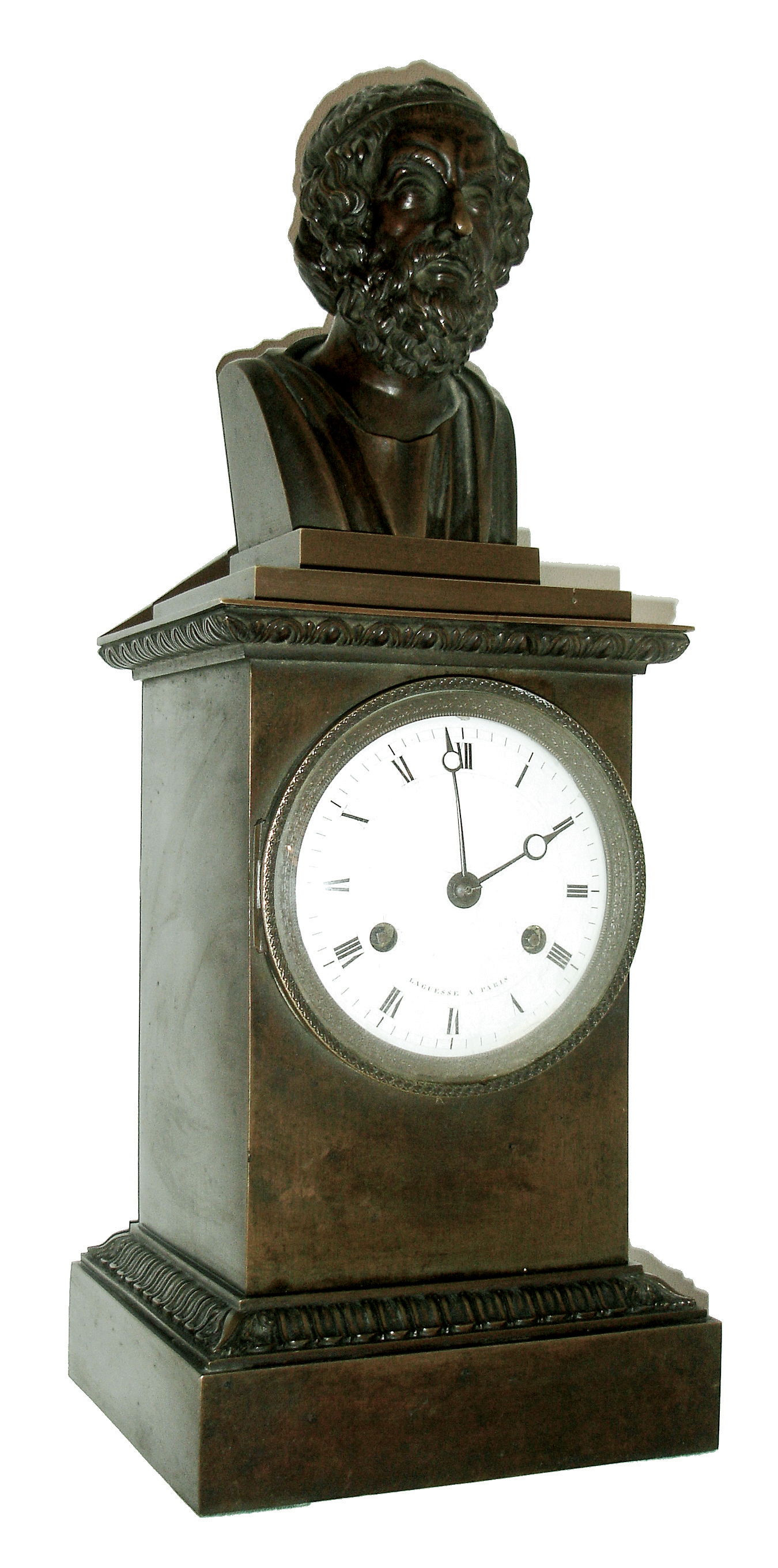 French, unsigned, heavy bronze mantle clock, tribute to Euclid and surmounted by a finely detailed bust of his likeness, the porcelain dial signed LAGUESSE, aÕ PARIS, c1830. — Antique Clocks Price Guide