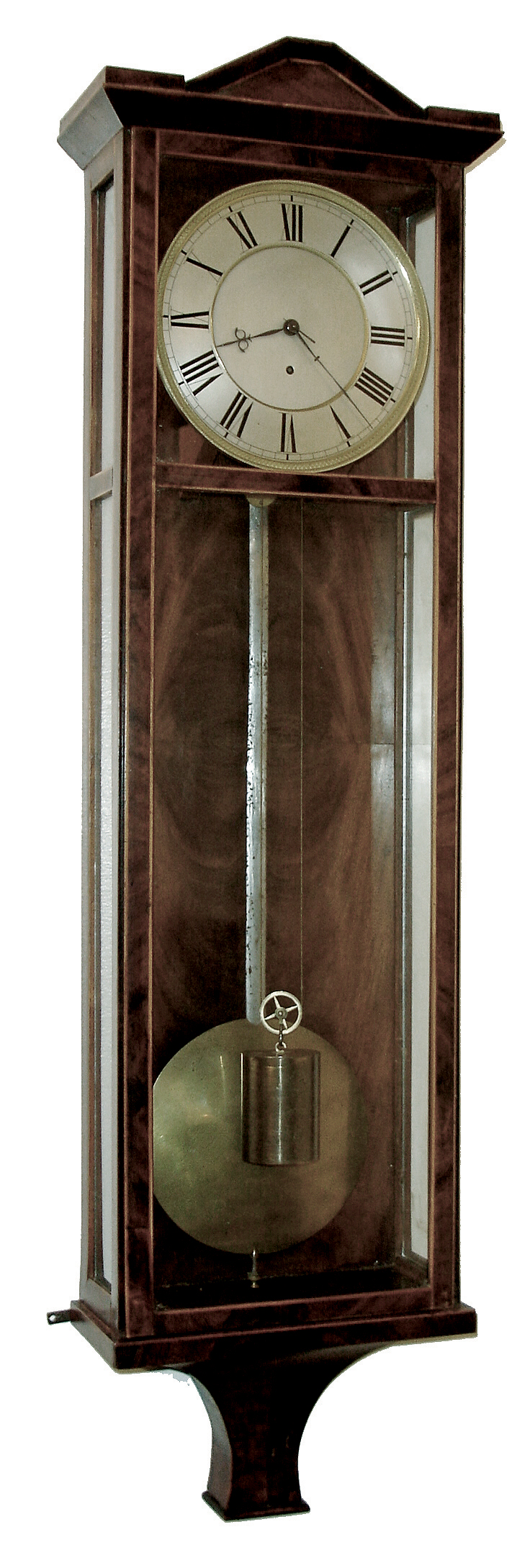 Vienna, Austria, 30 Day, single weight regulator, Biedermeier period, in a slender mahogany veneer case with satinwood accents or banding along the edges, and with polished steel pendulum rod, and sharp edged brass pendulum, with brass rear, and the two piece silvered brass dial surrounded with engine turned brass bezels (inner and outer), c1835 — Antique Clocks Price Guide