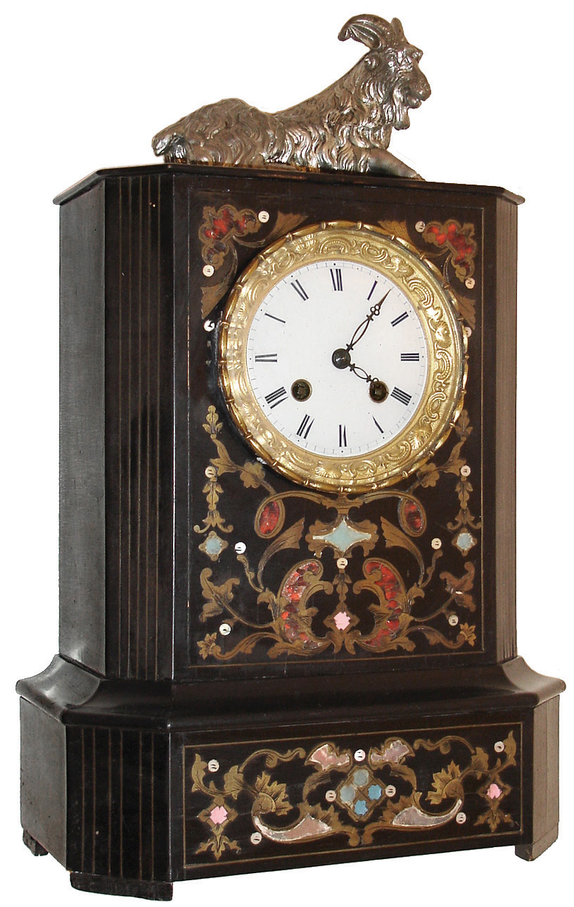 Clocks- 4 (Four) French: (1) French, Japy Freres, 8 days, time and strike, spring brass movement black marble mantel clock. (2) French, Pons, 8 days, time and strike, spring brass movement with silk thread suspension black marble mantel clock. (3) French, 8 days, time and strike, spring brass movement ebonized wood case mantel clock, c1900 (4) French, unknown maker, 8 days, time and strike, spring brass movement with silk thread suspension brass and enamel inlayed wood case mantel clock, c1845 — Antique Clocks Price Guide