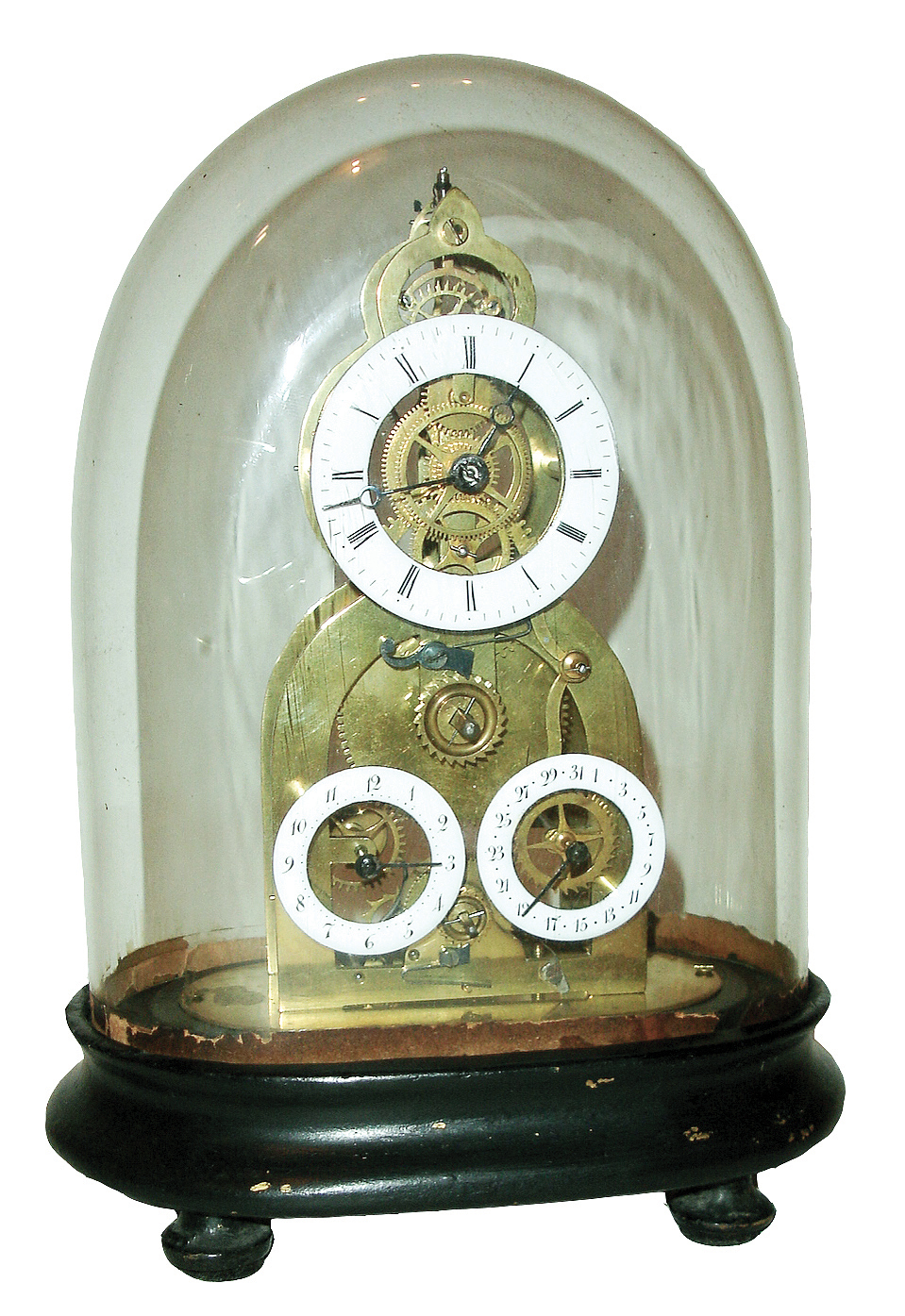 France, miniature skeleton timepiece, with calendar and alarm, on an ebonized base and with old glass dome, c1851 — Antique Clocks Price Guide
