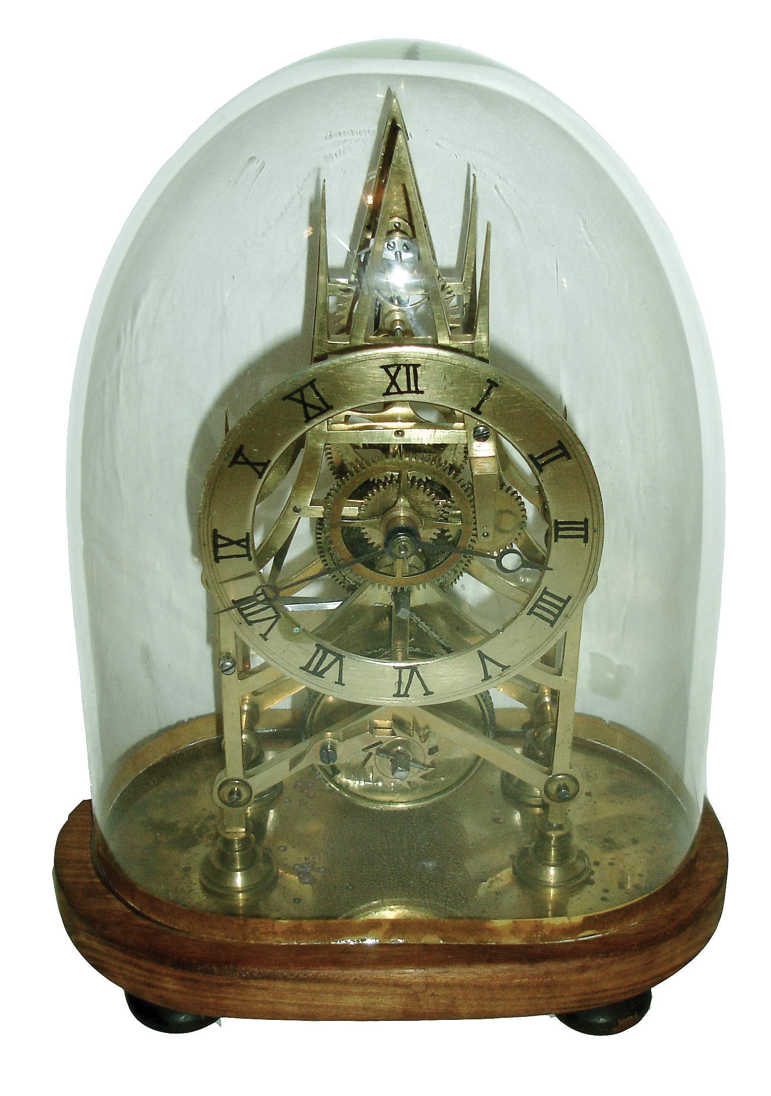 English, unsigned, small Gothic frame, single fusee skeleton clock, with heavy baluster pillars, and sharp spires to the frame, c1850 — Antique Clocks Price Guide