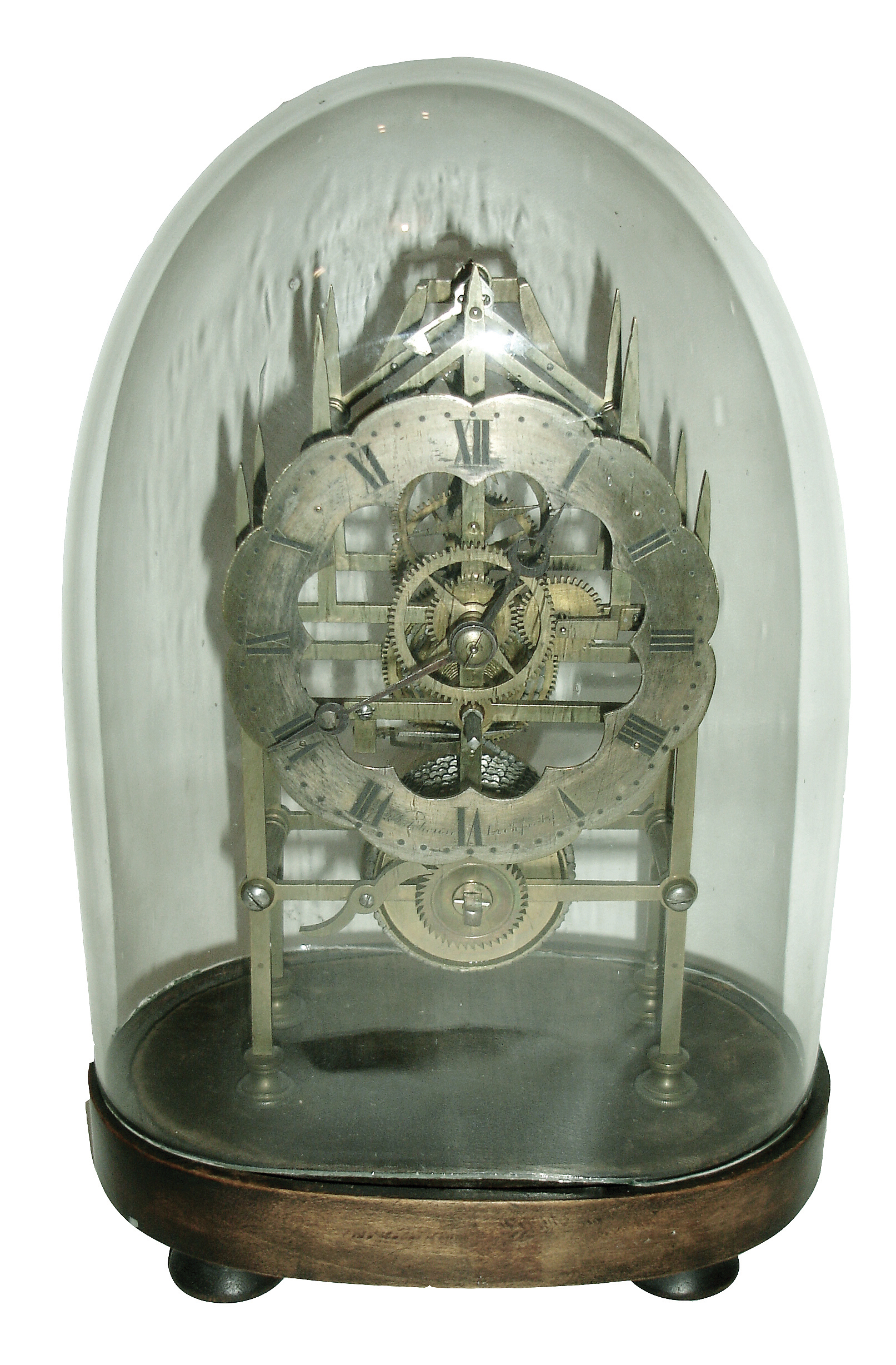 English, Whitehouse, Lichfield (signed on dial), small Gothic motif single fusee skeleton clock with dome, c1850 — Antique Clocks Price Guide