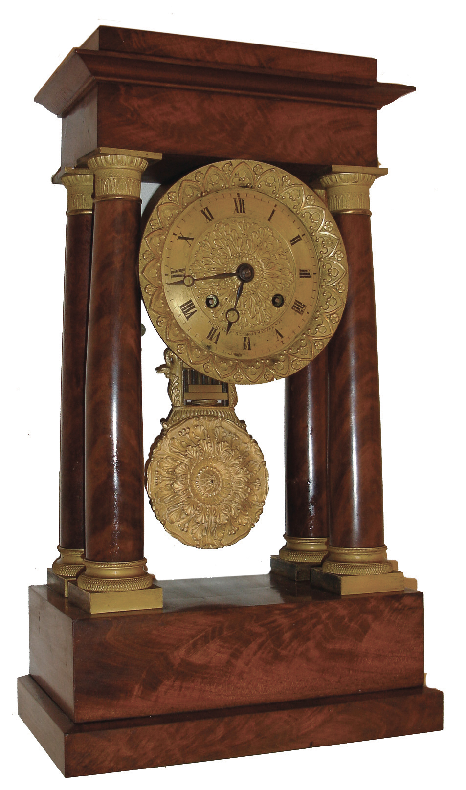 French, 8 days, time and strike, spring brass movement 4 column mini Empire portico mantel clock, c1900 — Antique Clocks Price Guide