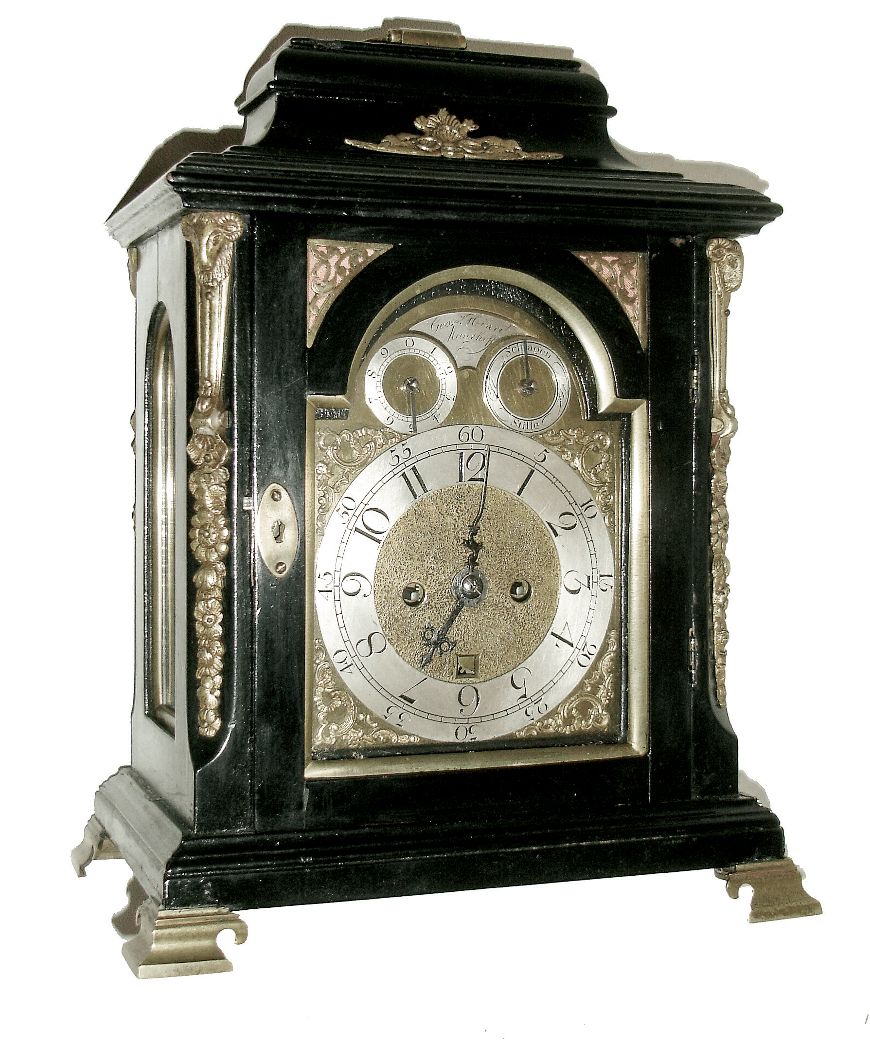 German, Georg HeinriÕh, Naurhoff, early & small 8 days, time, bell strike and calendar, twin fusee, crown verge, arched dial bracket clock with subsidiary dial for Schlagen / Stille (strike/silent) and a second for fine time regulation (rise & fall) of silk thread suspended pendulum. The case of hardwood veneers, painted black, c1795 — Antique Clocks Price Guide
