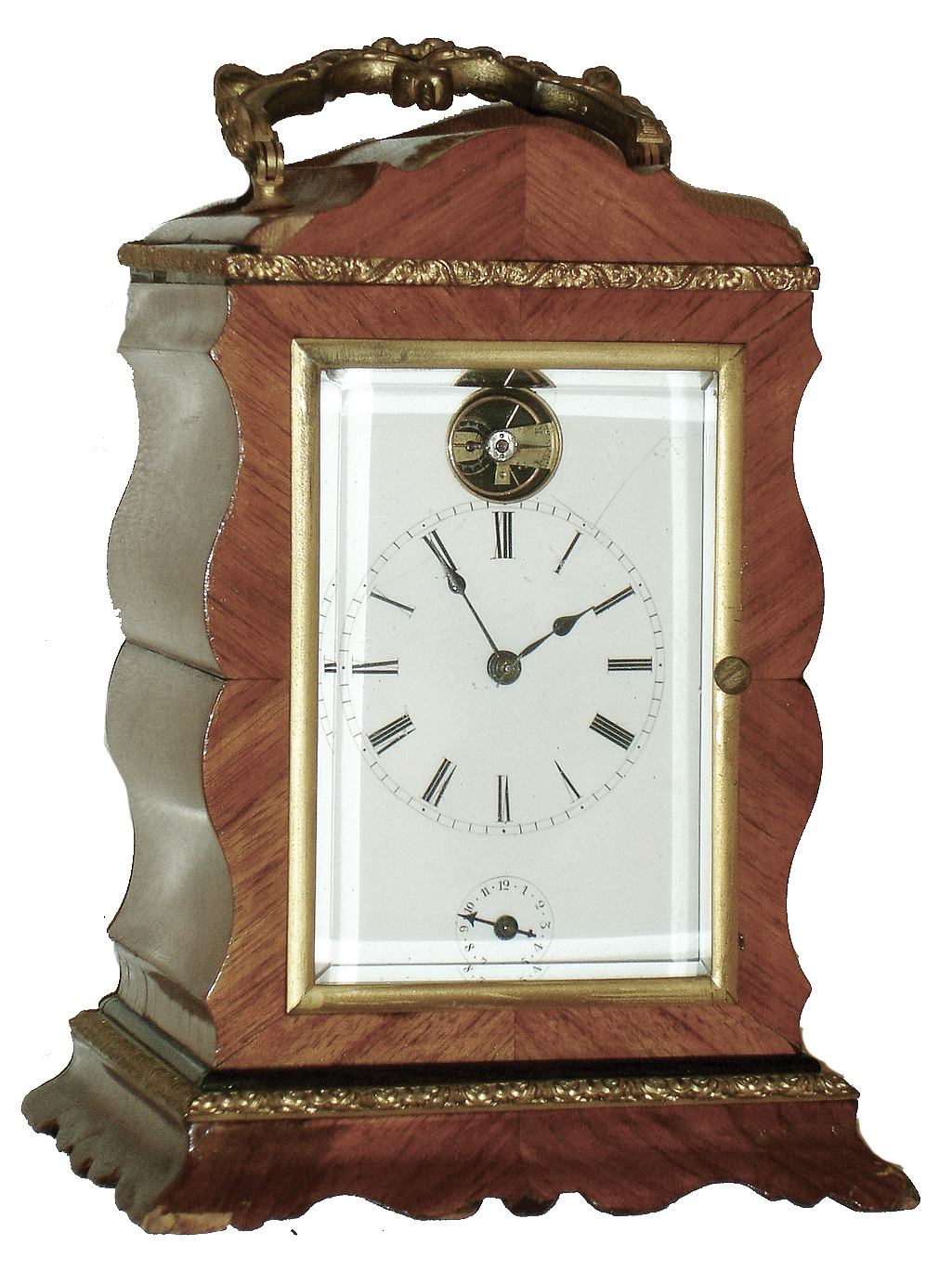 French tulipwood, 8 days, time, strike and alarm carriage clock with visible cylinder escapement balance wheel, c1870 — Antique Clocks Price Guide