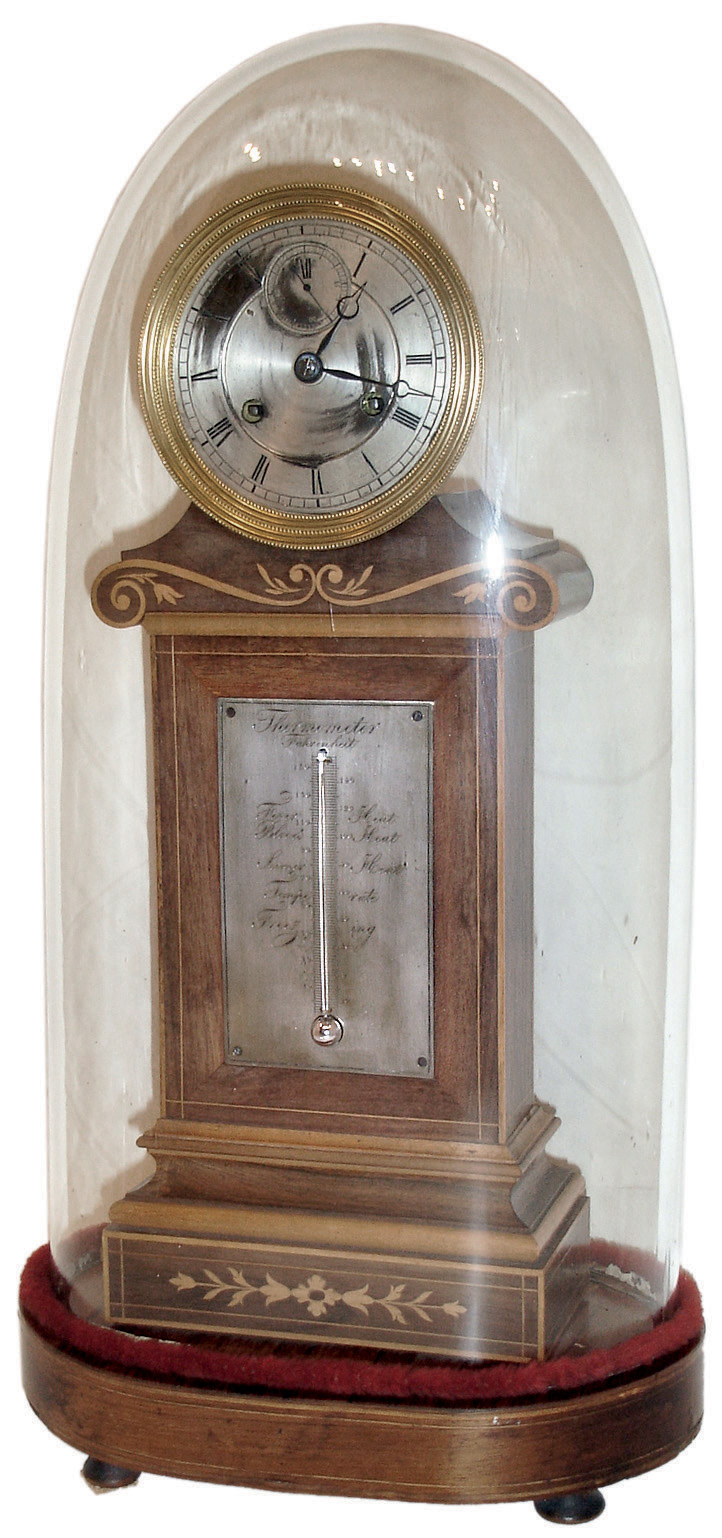 France, small mantel or table clock, rosewood veneered case with contrasting inlays and moldings, the front with thermometer mounted to an engraved silvered scale, gilt bezel with Roman numeral silvered dial, small seconds display at 12:00, blued steel Breguet style hands, 8 days, time and count wheel strike pendule a Paris movement signed ÒRobert a ParisÓ, dead beat escapement, rosewood veneered base on turned feet, with glass dome, c1840 — Antique Clocks Price Guide