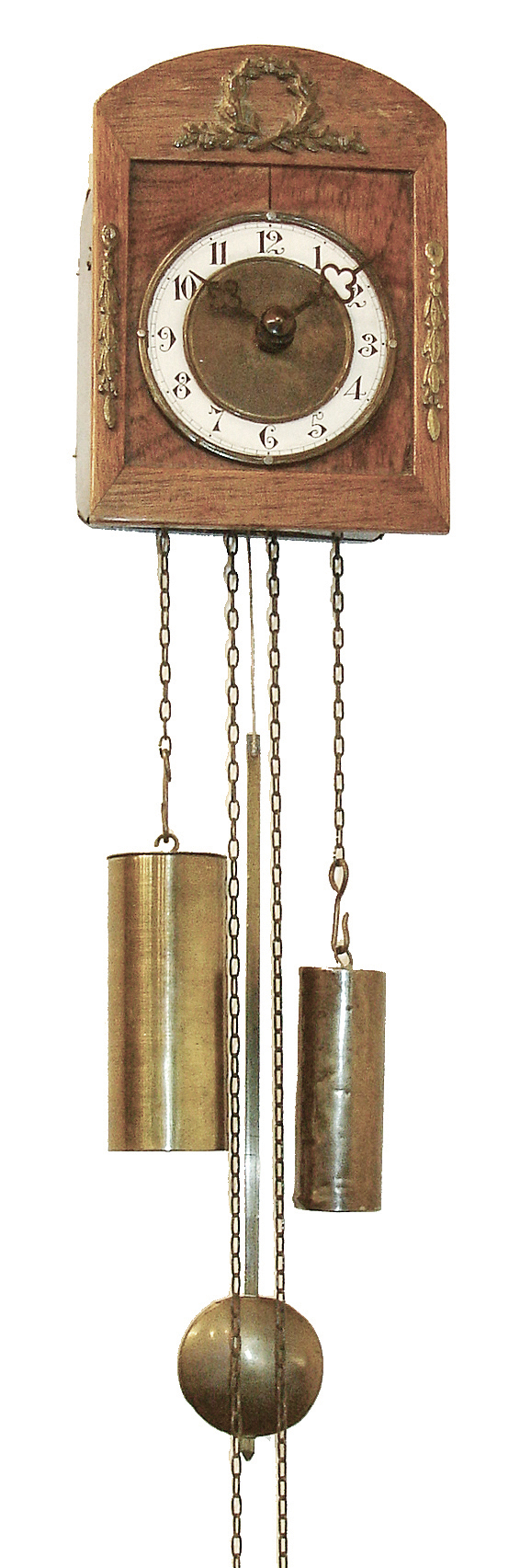 Clocks- 3 (Three) European: (1) Germany, small 30-hour, 2-weight wood plate wag on the wall, spiral wire gong strike, c1930; (2) French, Vincenti & Cie, 8 days, time and strike, spring brass movement with silk thread suspension octagon form tin case wall clock, c1850; (3) French, 8 days, time and strike, spring brass movement marked ÒC & CÓ, 4-column faux marble portico mantel clock, c1900 — Antique Clocks Price Guide