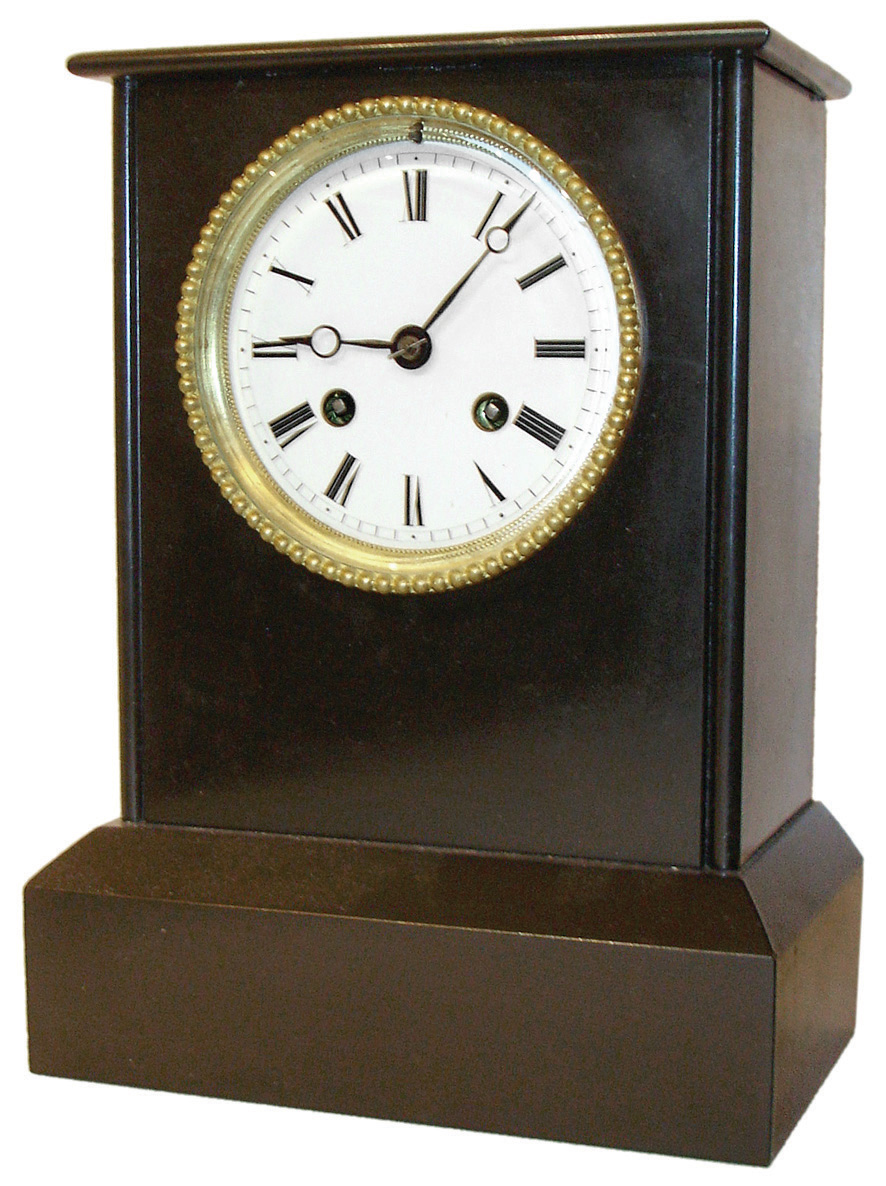 Clocks- 2 (Two) European: (1) Frisian stoelklok, black painted shelf with floral decoration, cast lead ornaments with gilding, Roman numeral painted dial with putti and basket of flowers, cast hand, brass four pillar, time and strike, movement with verge escapement, steel arbors with decorative turning, cast weight,18th century; (2) French mantel clock, 8 days, time and bell strike, spring driven movement with silk thread suspension in a black slate case with white enamel dial, c1880 — Antique Clocks Price Guide