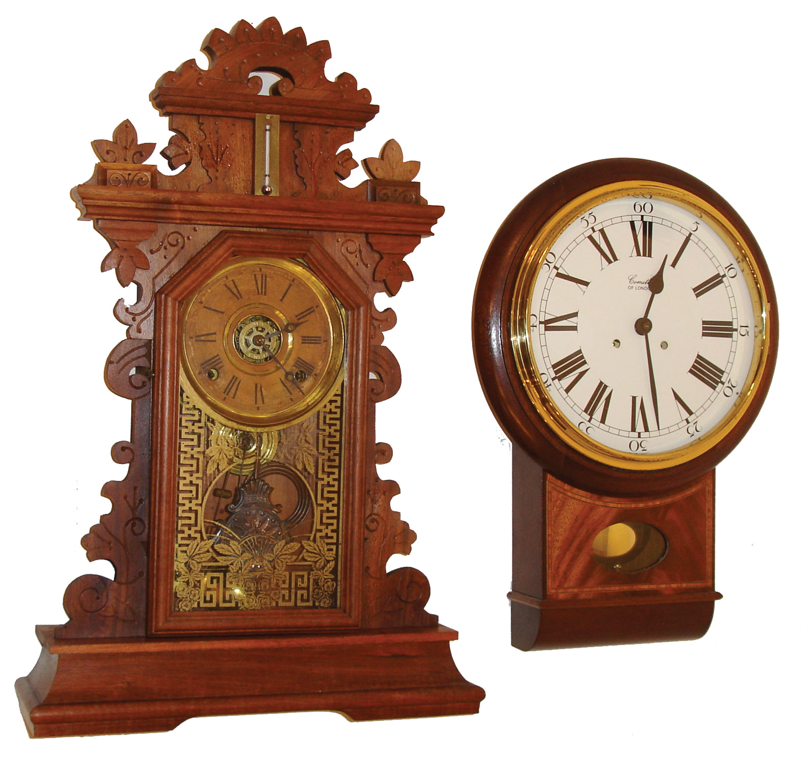 Clocks- 2 (Two) (1) Committi of London, 8 days, time and strike, spring brass movement wall clock, 20th century. (2) E. Ingraham & Co., Bristol, Conn., ÒPansyÓ, 8 days, time and strike, spring brass movement walnut shelf clock, c1896 — Antique Clocks Price Guide