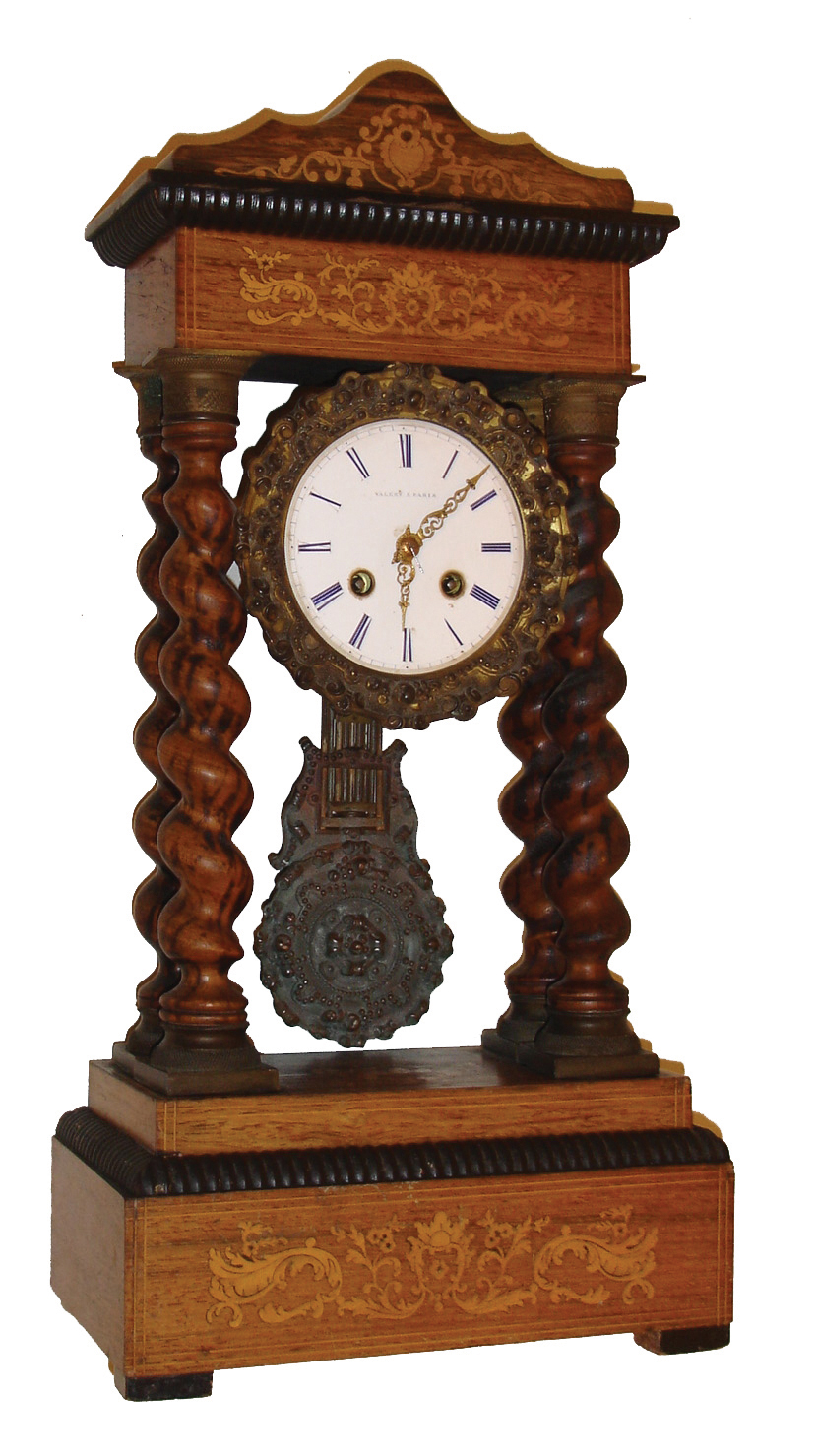 French, Valery, Paris, 8 days, time and strike, spring brass movement 4-column Empire portico clock, c1895 — Antique Clocks Price Guide