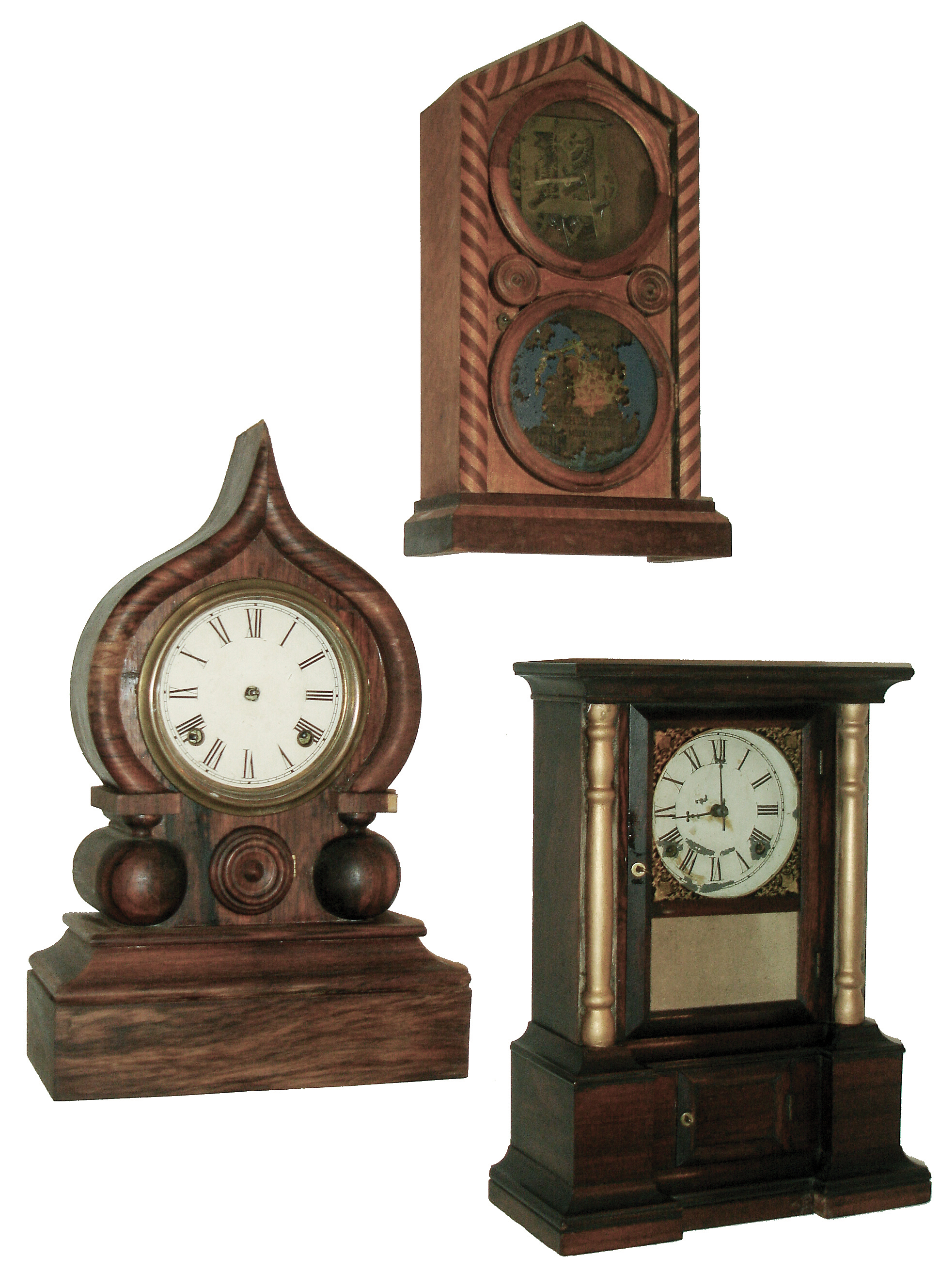 Clocks- 2 (Two): (1) E;. Ingraham & Co., Bristol, Conn., ÒOrientalÓ, 8 days, time and strike, onion top shelf clock, c1880 (2) E. Ingraham & Co., Bristol, Conn., ÒDoric MosaicÓ, 30 hours, time and strike, shelf clock, c1875. (3) Atkins Clock Co., Bristol, Conn., ÒLondon ModelÓ 8 days, time and strike, column & cornice shelf clock, c1880 — Antique Clocks Price Guide