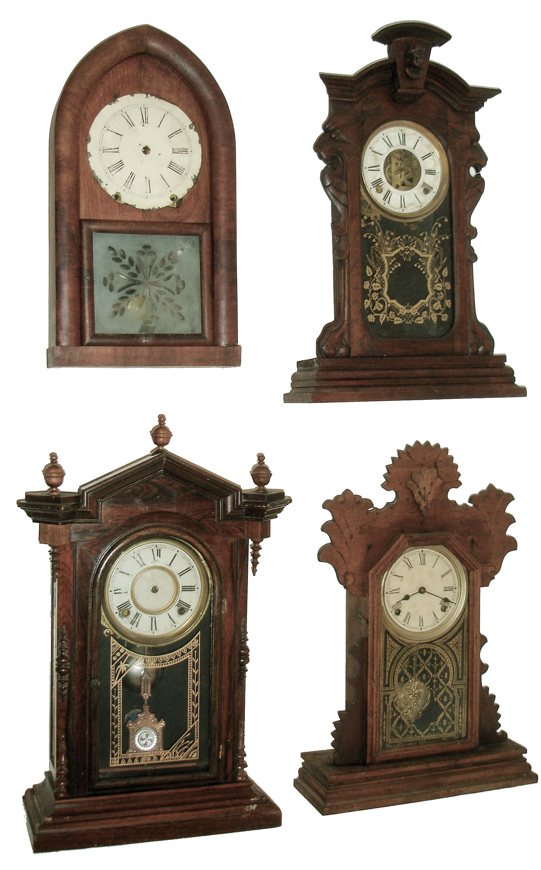 Clocks- 9 (Nine): (1) Welch, Spring & Co., Bristol, Conn., ÒLucca, V.P.Ó, 8 days, time and strike, rosewood veneered shelf clock case, c1880 (2) Waterbury Clock Co., Waterbury, Conn., 8 days, time and strike, carved walnut shelf clock, c1875 (3) E. Ingraham Co., Bristol, Conn., 8 days, time and strike, walnut shelf clock. (4) Chauncey Jerome, New Haven, Conn., 8 days, time and strike, round gothic or beehive shelf clock, c1850. (5) E. O. Goodwin, Bristol, Conn., 8 days, time and strike, small column & cornice shelf clock, c1850. (6) Waterbury Clock Co. Waterbury, Conn., ÒCoronaÓ model 30 hours, time and strike, small size mantel clock, c1890. (7) Unknown, arch top clock case (only), c1880 (8) Terry & Andrews, Bristol, Conn., 8 days, time and strike, sharp gothic or steeple clock, c1850. (9) E. Ingraham & Co., Bristol, Conn., for 8 days, time. strike and alarm, walnut shelf clock probably made for C. F. Adams, Erie, PA, c1900. — Antique Clocks Price Guide