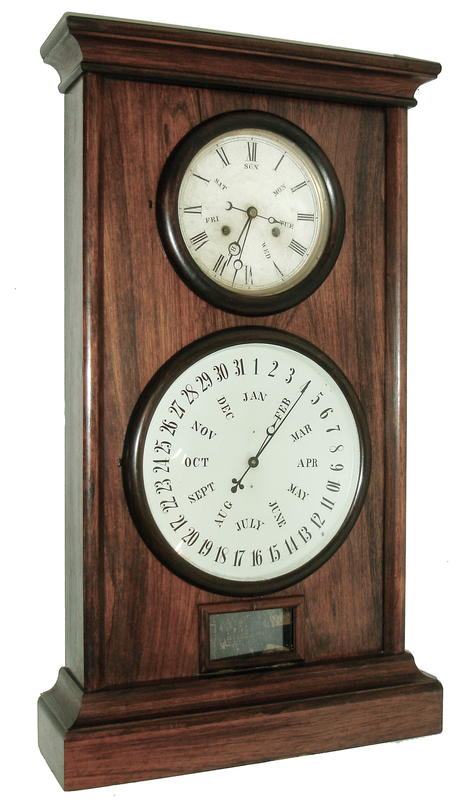 L. F. & W. W. Carter, Bristol, Conn., ÓLewis Calendar No. 8Ò, 8 days, weight driven, timepiece with B. B. Lewis patent calendar movement in a rosewood case, The solid plate timepiece movement has steel rolling pinions and retaining power, c1865. — Antique Clocks Price Guide