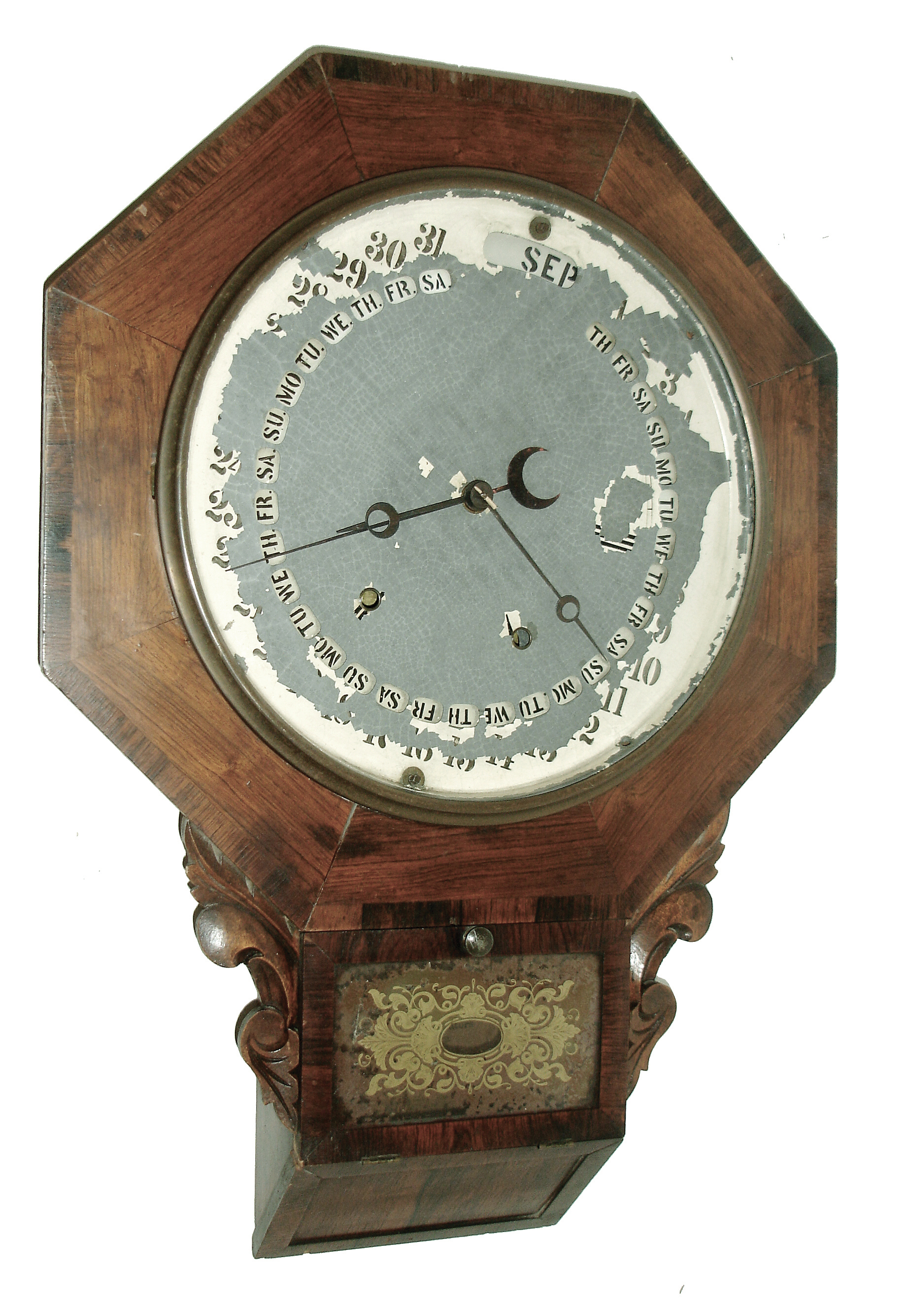 Clocks- 4 (Four) American wall clocks: (1) Gilbert Manufacturing Company, Winsted, Conn., ÒOctagon Drop CalendarÓ, 8 days, time and strike, ÒMaranvilleÕs PatentÓ calendar wall clock, c1866; (2) William L. Gilbert Clock Co., Winsted, Conn., ÒAdmiralÓ, 8 days, time and calendar brass movement in an oak case, c1890; (3) Seth Thomas Clock Co., Thomaston, Conn., Ò10 Inch Drop OctagonÓ wall clock with a spring driven, 8 days, time and strike, movement in a dark stained soft wood case, c1924; (4) Baird Clock Co., Plattsburgh, NY, 8 days, Advertising wall timepiece, c1895. This advertising timepiece is for ÒMelanyl Marking InkÓ. ÒNo Heat RequiredÓ, ÒWarrentedÓ. ÒIndelible & HarmlessÓ — Antique Clocks Price Guide
