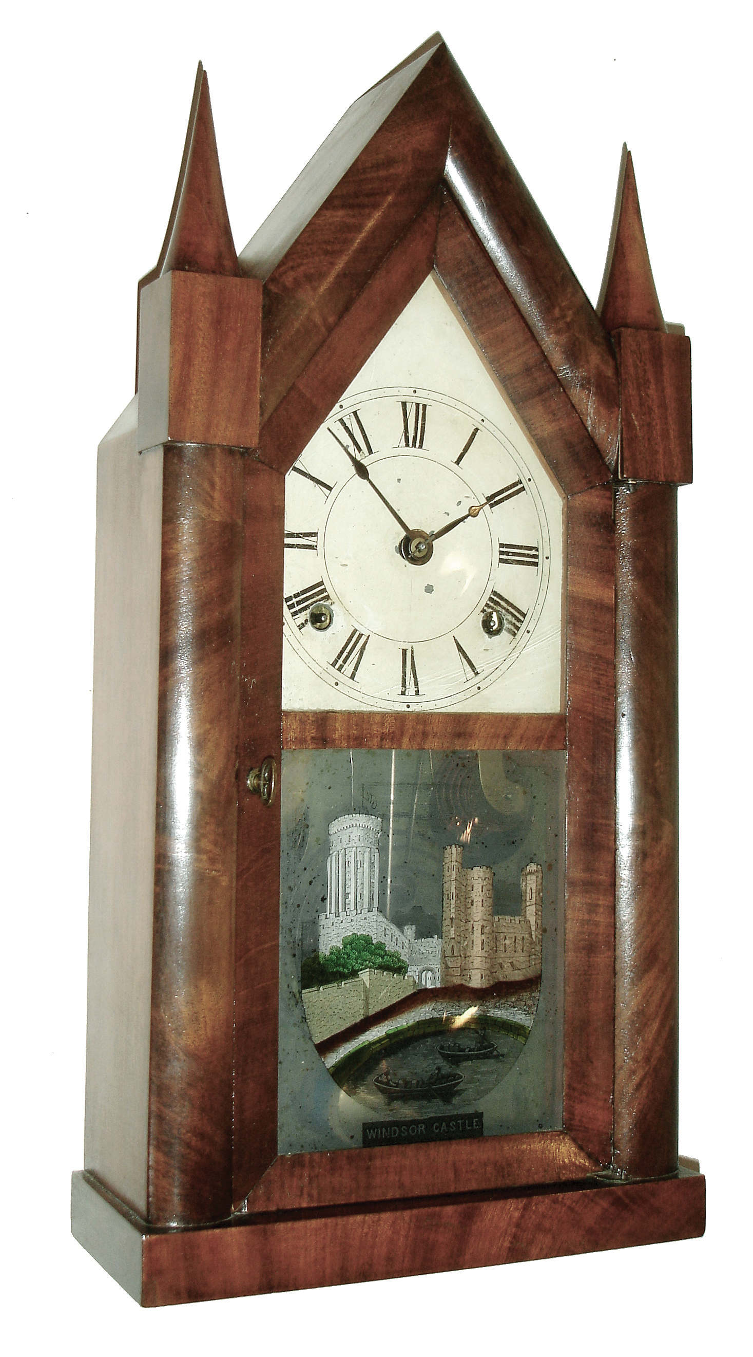 C. Boardman, also by J. A. Wells, Bristol, Conn., spring driven, 30 hours, time and strike, fusee movement in a mahogany steeple case, c1845. — Antique Clocks Price Guide