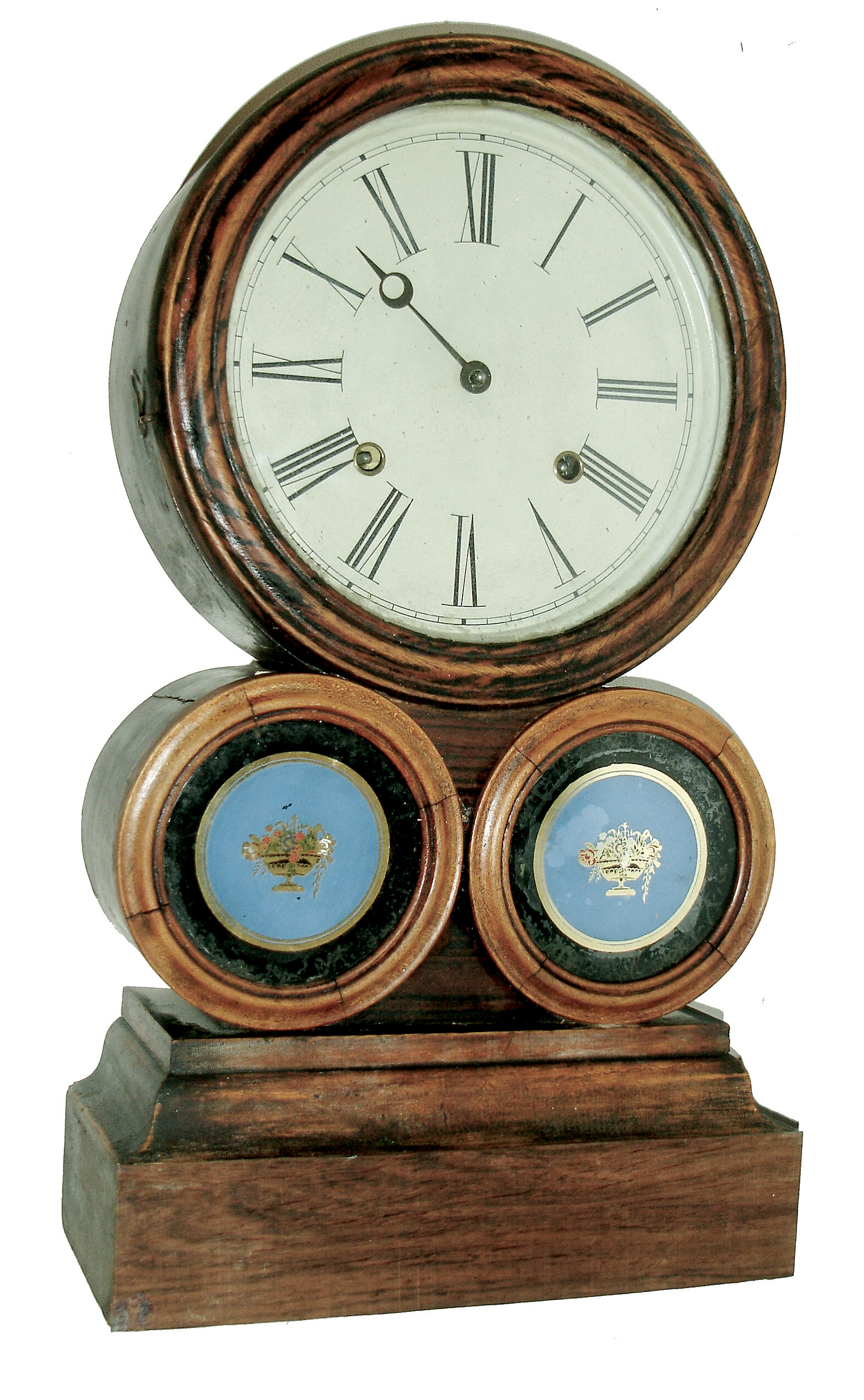 E. Ingraham & Co. , Bristol, Conn., ÓTuscanÒ model, often called the Spectacle, 8 days, time and strike, spring brass movement shelf clock, c1862. — Antique Clocks Price Guide
