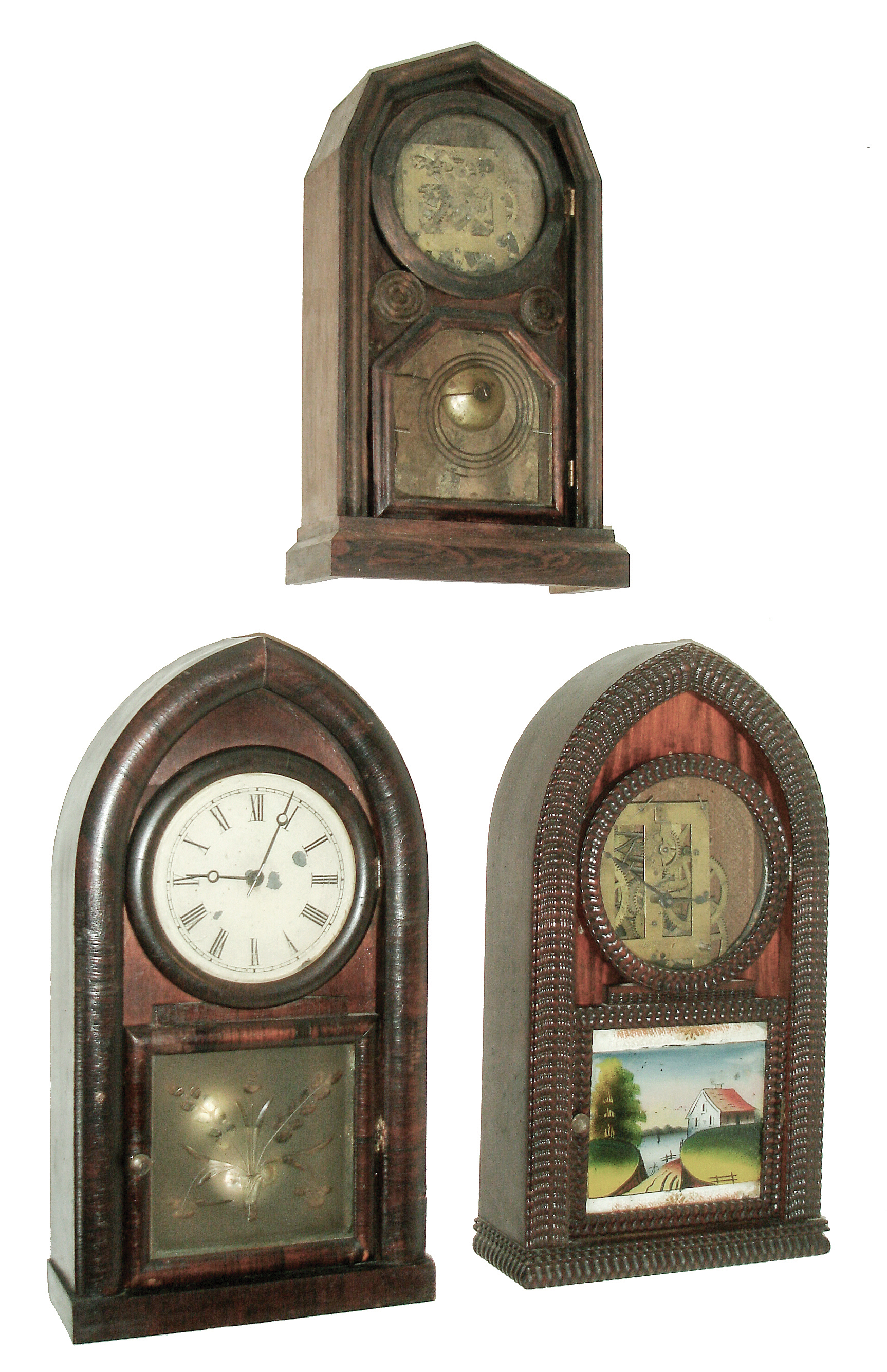 Clocks- 3 (Three): Chauncey Jerome, New Haven, Conn., 8 days, time and strike, spring brass movement Round Gothic or Beehive clock, c1850. (2) Forestville Mfg. Co., (J.C. Brown), 8 days, time and strike, spring brass movement ripple molding Round Gothic or Beehive clock, c1850 (3) E. N. Welch Manufacturing Co., Bristol, Conn., ÒEmpressÓ model 30 hours, time and strike, mantel clock, c1875. — Antique Clocks Price Guide