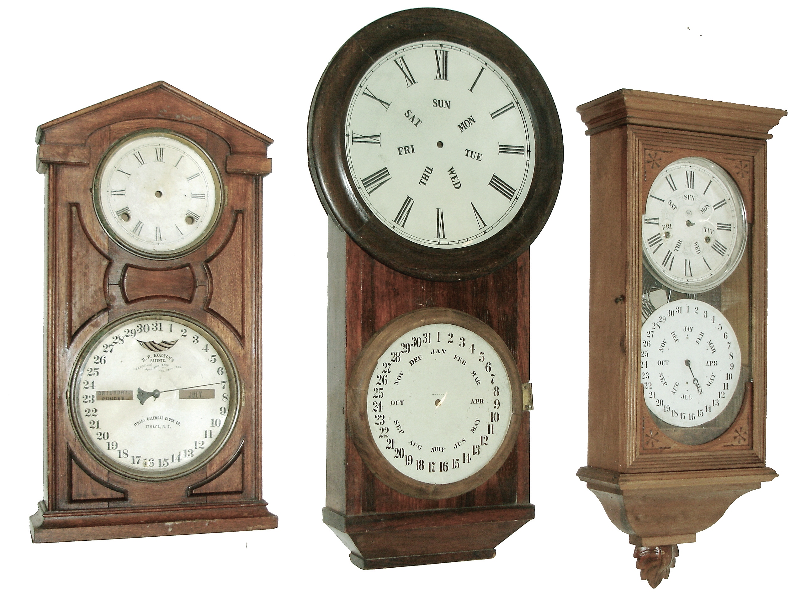 Clocks- 3 (Three): New Haven Clock Co., ÒJerome & Co.Ó, New Haven, Conn., ÒRegisterÓ, 8 days, time and strike, double dial wall clock, c1880 (2) L.F. & W.W. Carter, 8 days, time and strike, double dial calendar clock case (only), c165. (3) Ithaca Calendar Clock Co., Ithaca, NY, ÒNo. 7 Shelf CottageÓ, 8 days, time and strike, double dial calendar clock, c1880 — Antique Clocks Price Guide