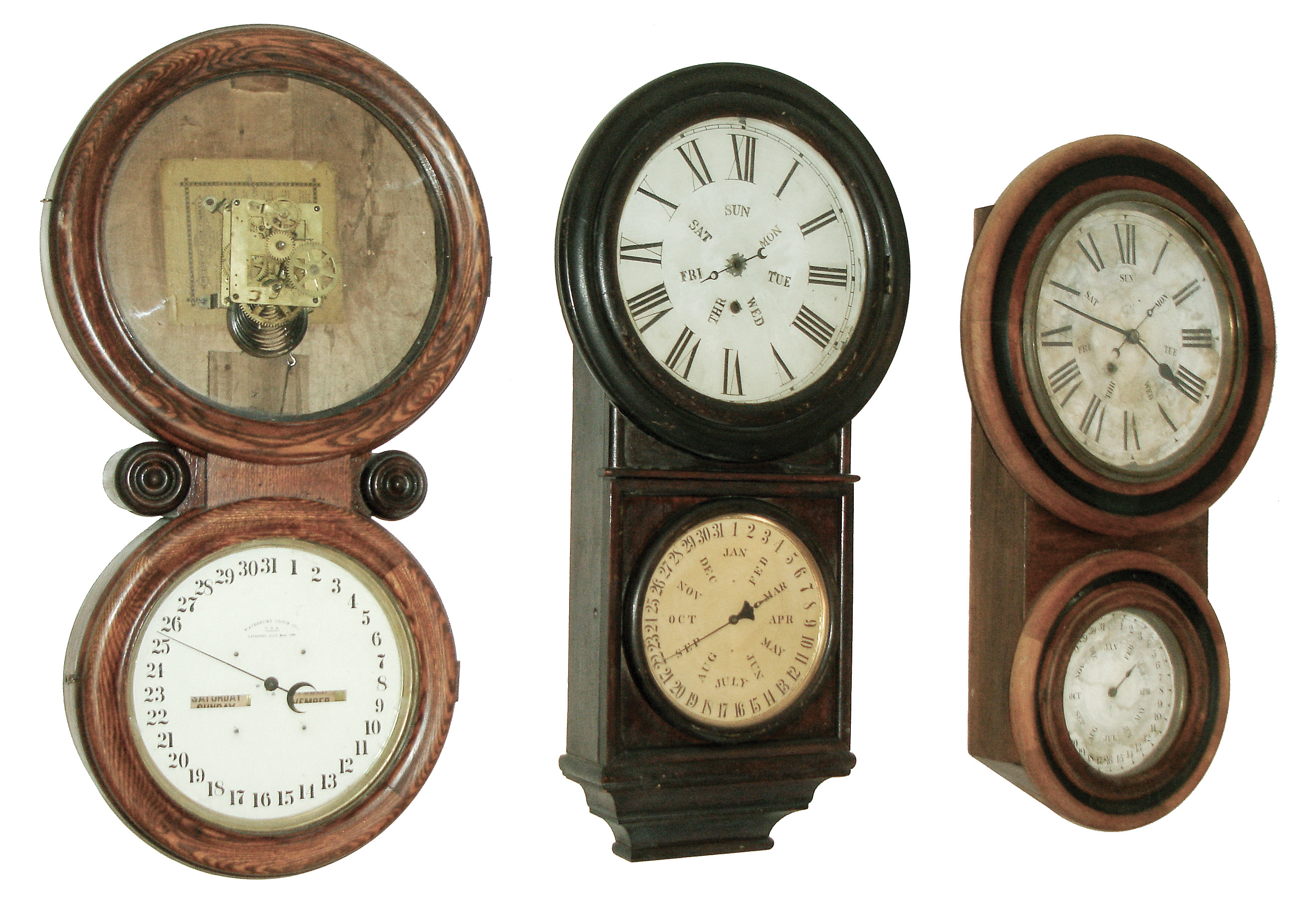 Clocks- 3 (Three): (1) New Haven Clock Co., (Jerome & Co.), New Haven, Conn., ÒHeronÓ, 8 days, double dial calendar timepiece, c186. (2) Waterbury Clock Co., Waterbury, Conn., ÒCalendar No. 34Ó, 8 days, double dial calendar timepiece, c193. (3) Welch, Spring & Co., Forestville, Conn., 8 day. double dial calendar timepiece, c1880 — Antique Clocks Price Guide