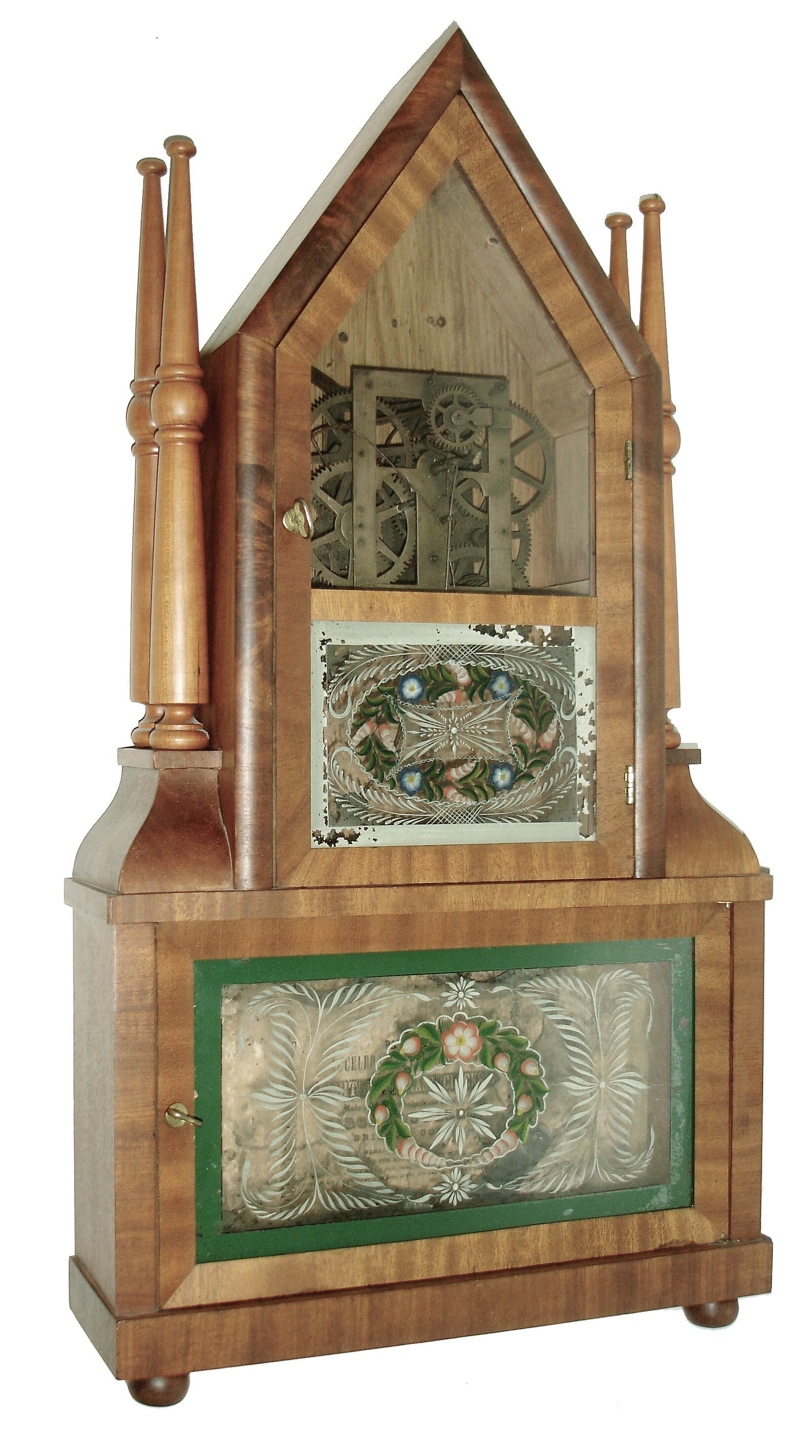 Clocks- 4 (Four) Connecticut shelf clocks: (1) Birge & Fuller, Bristol, Conn., 8 days, time and strike, wagon spring steeple on frame with candle finials; (2) Lucius B. Bradley, Watertown, Conn., 30 hours, time and strike, pillar and scroll; (3) William Sherwin, Buckland, Mass., 30 hours, time and strike, weight driven, wood movement, column & splat shelf clock, c1830; (4) Forestville Mfg. Co. (J.C. Brown), 8 days, time and strike, weight brass movement carved column and cornice shelf clock with carved paw feet, c1845 — Antique Clocks Price Guide