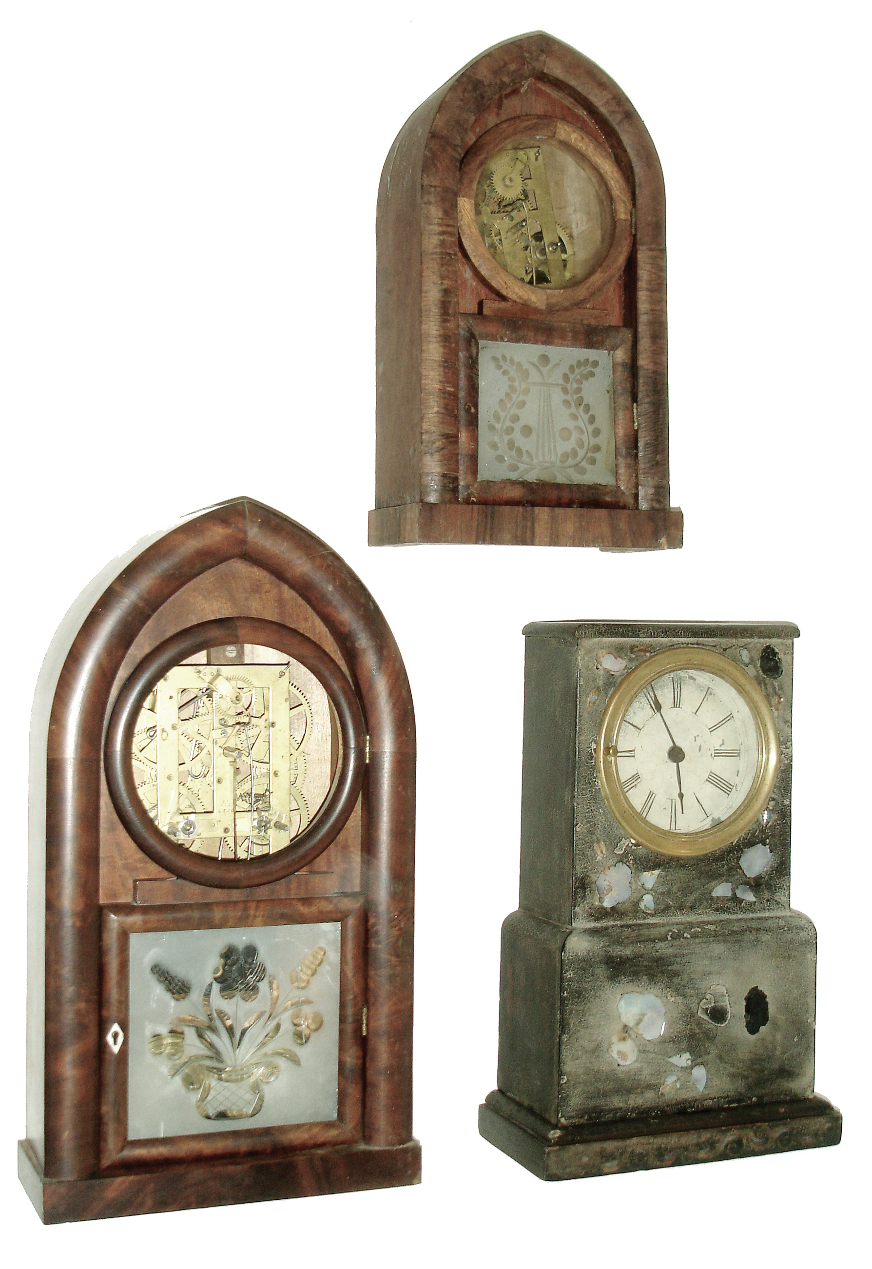 Clocks- 3 (Three): (1) E. C,. Brewster, Bristol, Conn. 8 days, time and strike, brass rack strike movement with detached fusees round gothic or beehive shelf clock, c1835. (2) Forestville Manufacturing Co. (J.C. Brown), Forestville, Conn., 30 hours, time and strike, miniature round gothic or beehive clock, c1845. (3) Unknown, Connecticut, 8 days, time and strike, brass movement painted case with MOP shelf clock, c1850 — Antique Clocks Price Guide