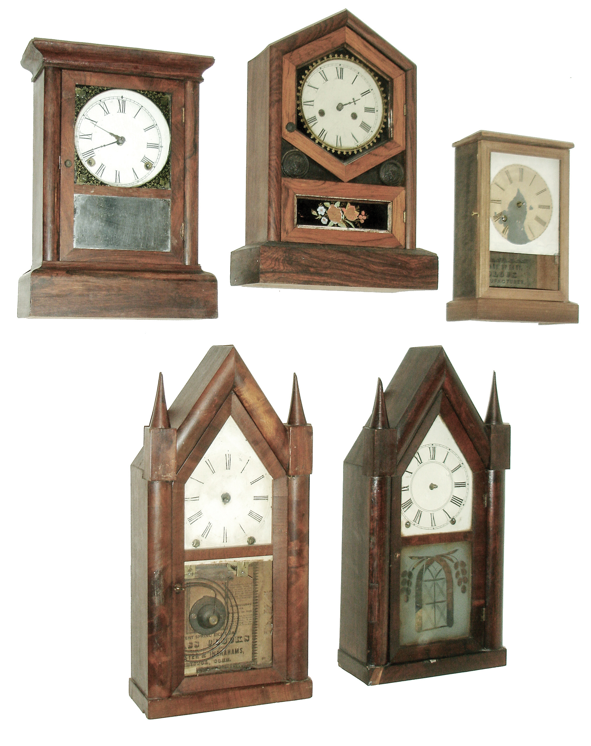Clocks- 8 (Eight): (1) Atkins Clock Co., Bristol, Conn., 8 days, time and strike, small cornice top cottage clock. (2) Henry Sperry, New York, 30 hours, small cottage timepiece. (3) Brewster & Ingrahams, Bristol, Conn., 8 days, time and strike, spring brass movement sharp gothic or steeple clock. (4) New Haven Clock Co., (Jerome & Co.), New Haven, Conn., 30 hours, time and strike, shelf clock. (5) Brewster & Ingrahams, Bristol, Conn., 8 days, time and strike, spring brass movement sharp gothic or steeple clock. (6) Atkins Clock Co., Bristol, Conn.ÓLondonÒ shelf clock in rosewood veneer with a spring driven, 8 days, time and strike, movement, c1863. (7) Atkins Clock Co., Bristol, Conn.ÓLondonÒ shelf clock in rosewood veneer with a spring driven, 8 days, time, strike and alarm movement, c1863. (8) Atkins Clock Co., Bristol, Conn.ÓLondonÒ shelf clock in rosewood veneer with a spring driven, 8 days, time and strike, movement, c1863. — Antique Clocks Price Guide