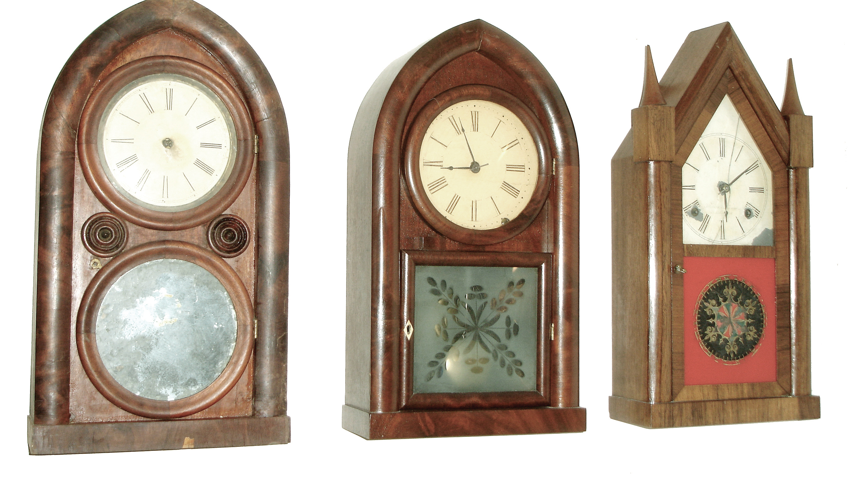 Clocks- 3 (Three): (1) Smith & Taylor, New York, 30 hours, time and strike, spring fusee brass movement sharp gothic or steeple clock. (2) Brewster & Ingrahams, Bristol, Conn., 8 days, time and strike, spring brass movement round gothic or beehive clock. (3) Daniel Pratt & Sons, Reading, MA, 8 days, time and strike, spring brass movement round gothic or beehive clock. — Antique Clocks Price Guide