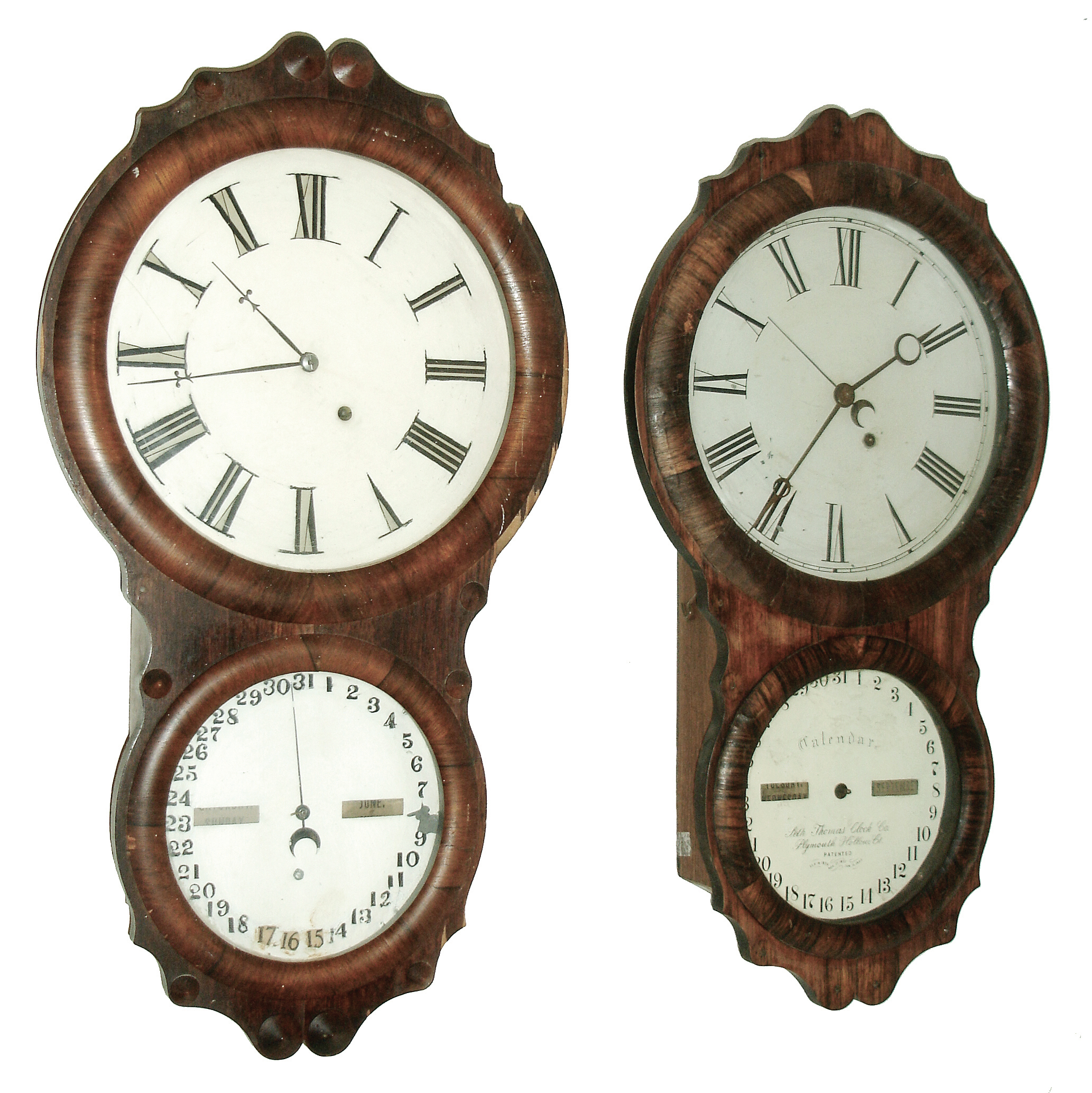 Clocks- 2 (Two): (1) Seth Thomas Clock Co,. Thomaston, Conn.ÓOffice Calendar No. 4Ò, 8 days, timepiece movement and perpetual calendar mechanism in a rosewood veneered wall hang case, c1870. (2) Seth Thomas Clock Co,. Thomaston, Conn.ÓOffice Calendar No. 4Ò, 8 days, timepiece movement and perpetual calendar mechanism in a rosewood veneered wall hang case, c1870. — Antique Clocks Price Guide