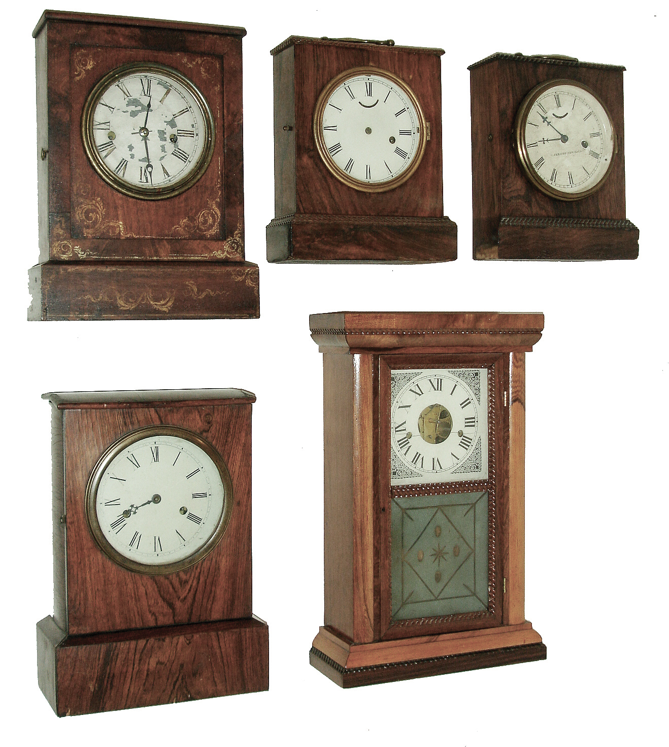 Clocks- 5 (Five): (1) Chauncey Jerome, New Haven,?, 30 hours, time and strike, brass spring movement shelf clock. Chauncey Jerome, New Haven, Conn., 8 days, brass spring marine movement timepiece. (3) Chauncey Jerome, New Haven, Conn., 30 hours, brass spring marine movement timepiece. (4) Chauncey Jerome, New Haven, Conn., 30 hours, time and strike, spring brass movement cottage clock. (5) Smith & Taylor, 105 John St., New York 30 hours, time and strike, brass spring movement shelf clock. — Antique Clocks Price Guide