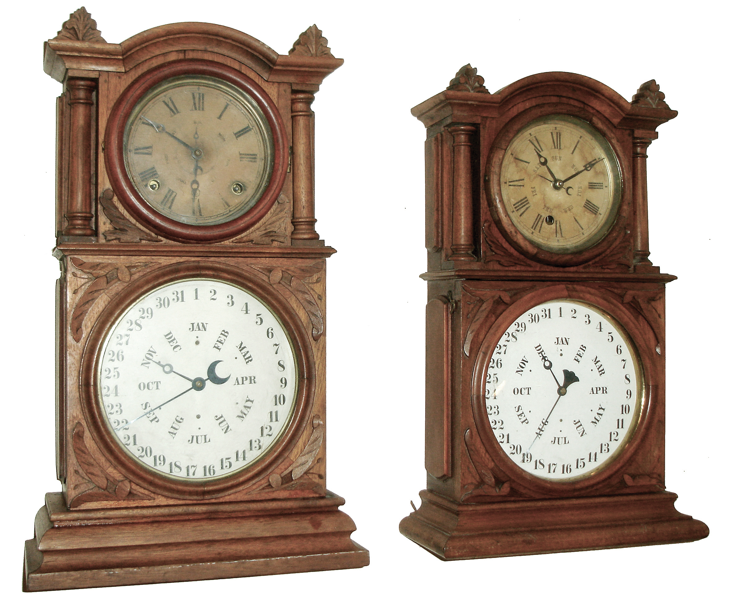 Clocks- 2 (Two): (1) E. Ingraham & Co., Bristol, Conn., ÓIngraham CalendarÒ shelf clock with spring driven, 8 days, time & strike movement in a walnut case, c1881. (2) E. Ingraham & Co., Bristol, Conn., ÓIngraham CalendarÒ shelf clock with spring driven, 8 days, time (only) movement in a walnut case, c1881. — Antique Clocks Price Guide