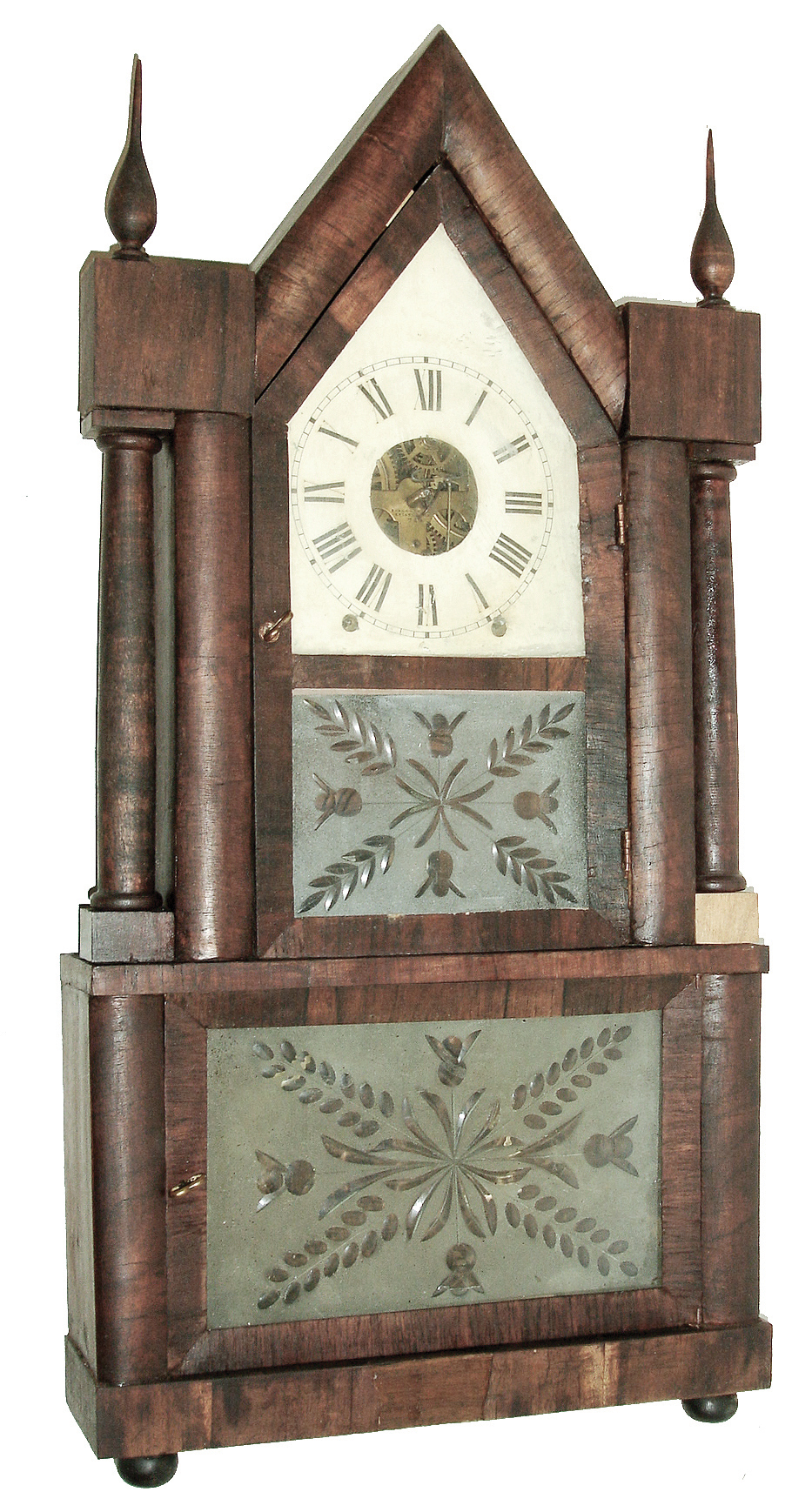 Clocks- 3 (Three) Connecticut shelf clocks: (1) Birge & Fuller, Bristol, Conn., 8 days, time and strike, brass movement wagon spring powered double steeple shelf clock, c1845; (2) Attributed to Norris or Ethel North or Erastus Hodges, Torrington, Conn.miniature Pillar & Scroll with weight driven, 30 hours, time and strike, Torrington-style wooden works movement, c1825; (3) Seth Thomas Clock Co., Plymouth Hollow, Conn., ÓParlor CalendarÒ, shelf clock, 8 days, time, strike and calendar, weight driven movement, rosewood veneer case, c1863 — Antique Clocks Price Guide