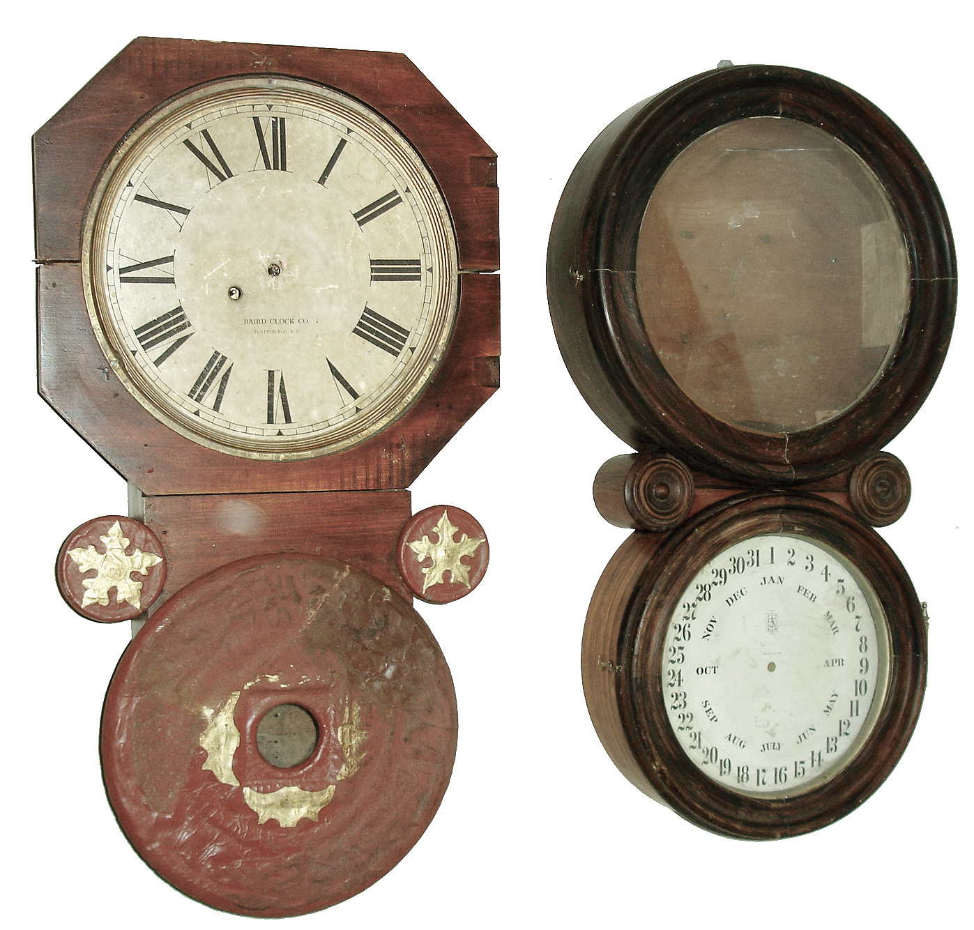 Clocks- 2 (Two): (1) Baird Clock Co., Plattsburgh, NY, Advertising Clock, 8 days, time only, movement in a wall hanging case, c1890. (2) E. Ingraham & Co., Bristol, Conn.ÓIonic CalendarÒ rosewood case (only), c1886 — Antique Clocks Price Guide