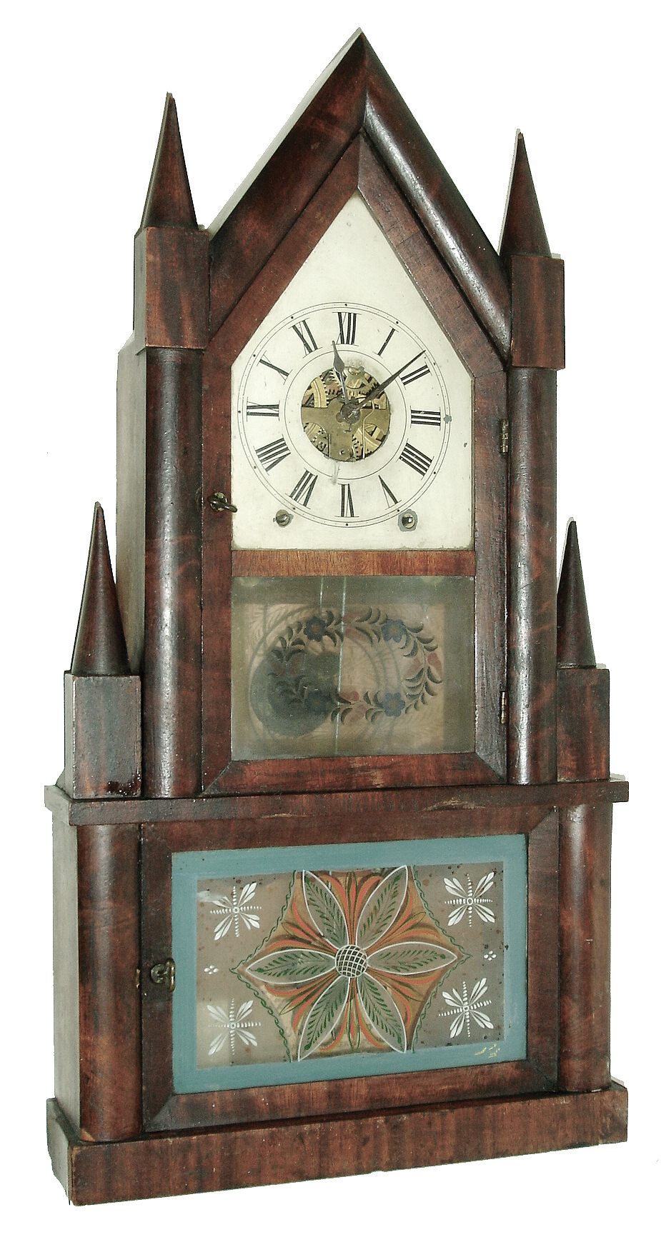 Birge & Fuller, Bristol, Conn., 8 days, time and strike, detached fusee brass movement steeple on frame or double steeple shelf clock, c1845 — Antique Clocks Price Guide