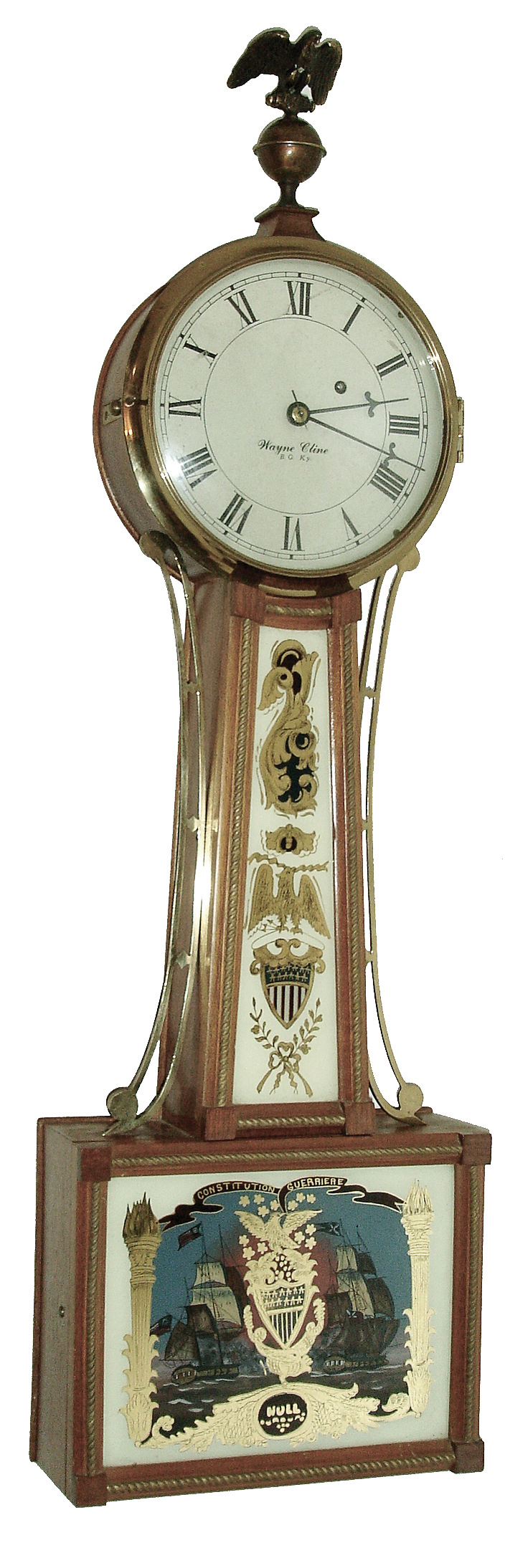 Wayne Cline, Bowling Green, KY, 8 days, weight brass movement Patent Timepiece or ÒbanjoÓ clock, c1980 — Antique Clocks Price Guide