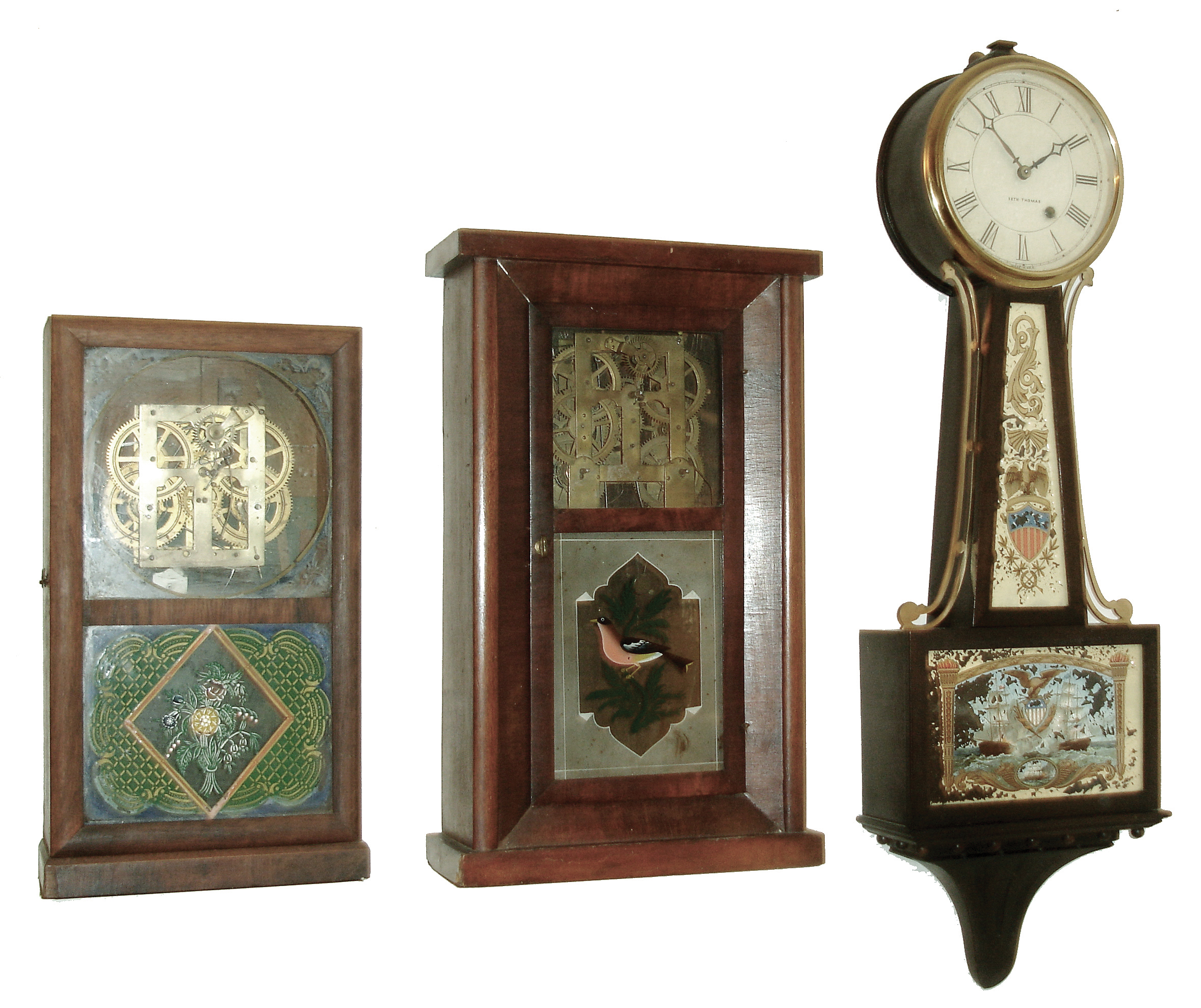 Clocks- 3 (Three): (1) Seth Thomas Clock Co., Thomaston, Conn., ÓBanjo No. 1Ò with spring driven, 8 days, timepiece movement in a mahogany case, c1924. (2) William S. Johnson, 16 Courtlandt St., NY, miniature Empire beveled mahogany case shelf clock with a fusee driven, 8 days, time and strike, movement, c1845. (3) Smith & Goodrich, Bristol, Conn. Empire style shelf clock with a 30 hours, time and strike, movement in a rosewood veneered case, c1850. — Antique Clocks Price Guide